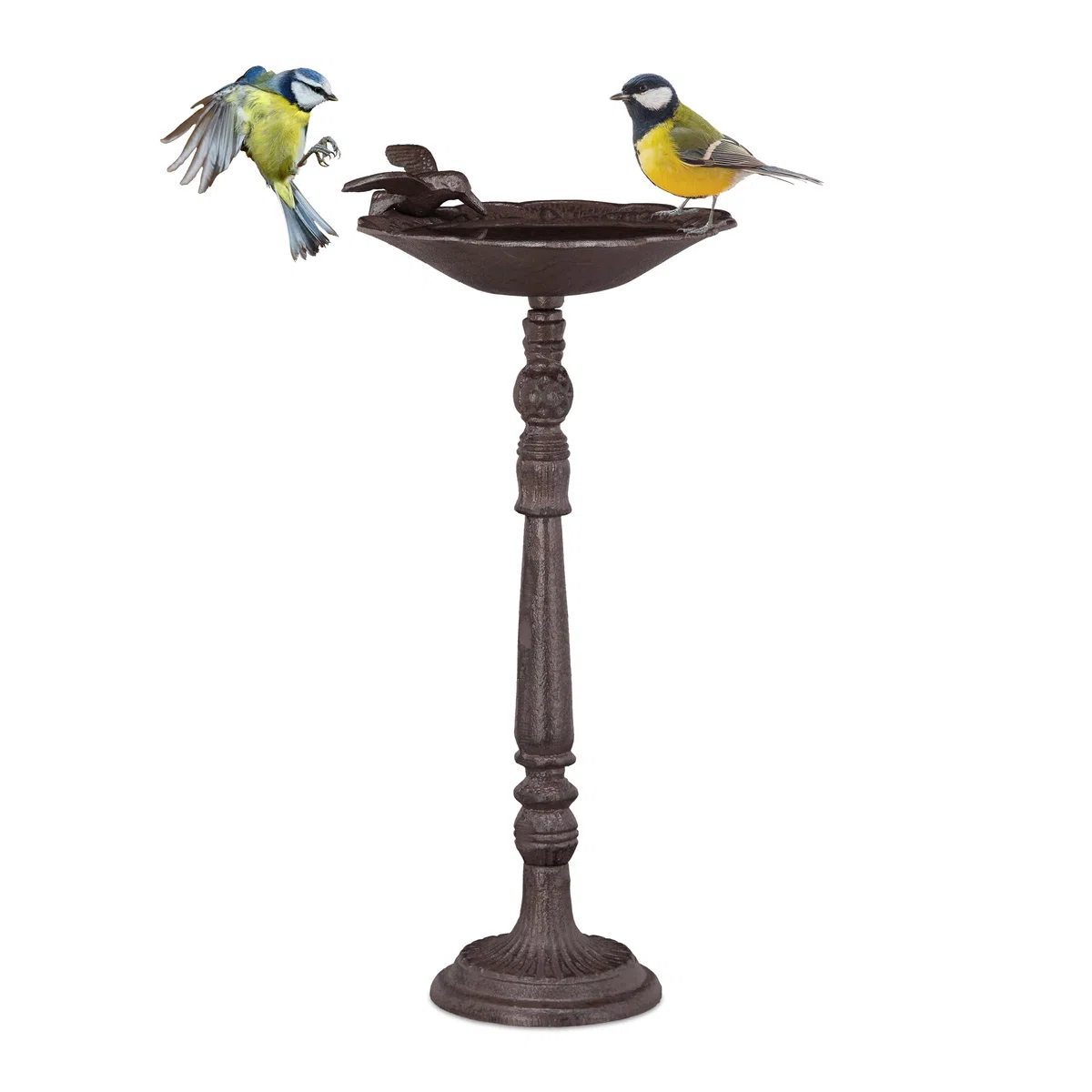 Relaxdays Abreuvoir en Fonte sur Colonne, Décoration pour Jardin,mangeoire avec Soucoupe pour Oiseaux Sauvages 40 cm, Haut Brun, Marron