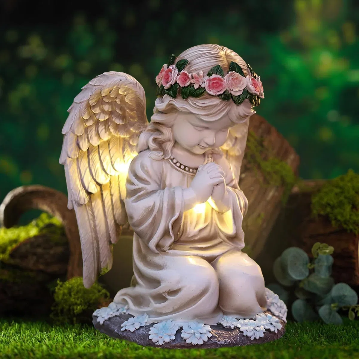 Ange Priant,Statues Solaires de Jardin,Sculpture d'ange Féérique,Statue Jardin Exterieur,Figurine d'ange Gardien avec Lanterne Solaire LED,Figurine d'ange Gardien LED en Prière
