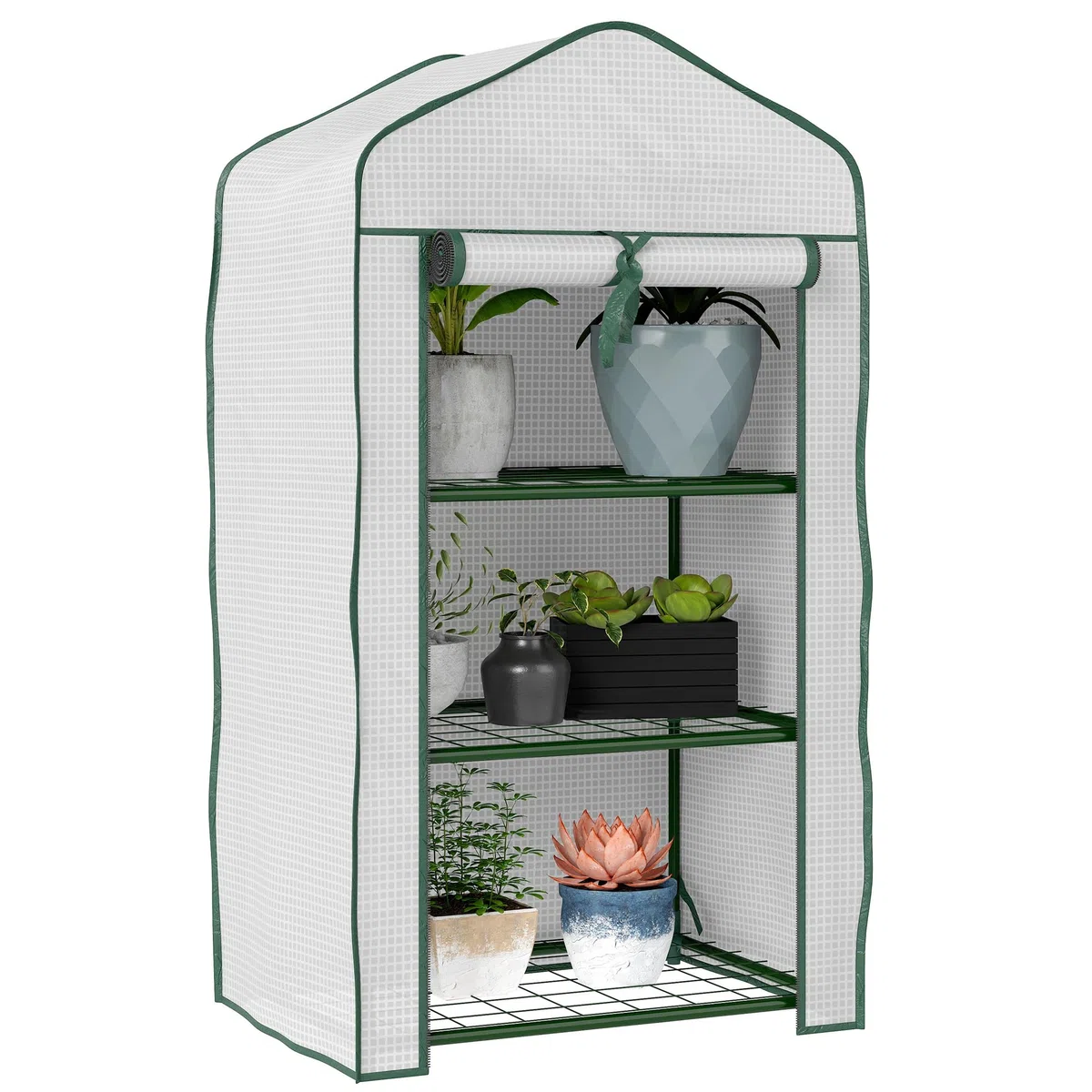 Outsunny Serre de Jardin avec étagères 3 Niveaux, Serre de Balcon, bâche renforcée PE, châssis en Acier, Porte zippée Enroulable, pour légumes Plantes Fleurs, 59 x 39 x 127 cm, Blanc
