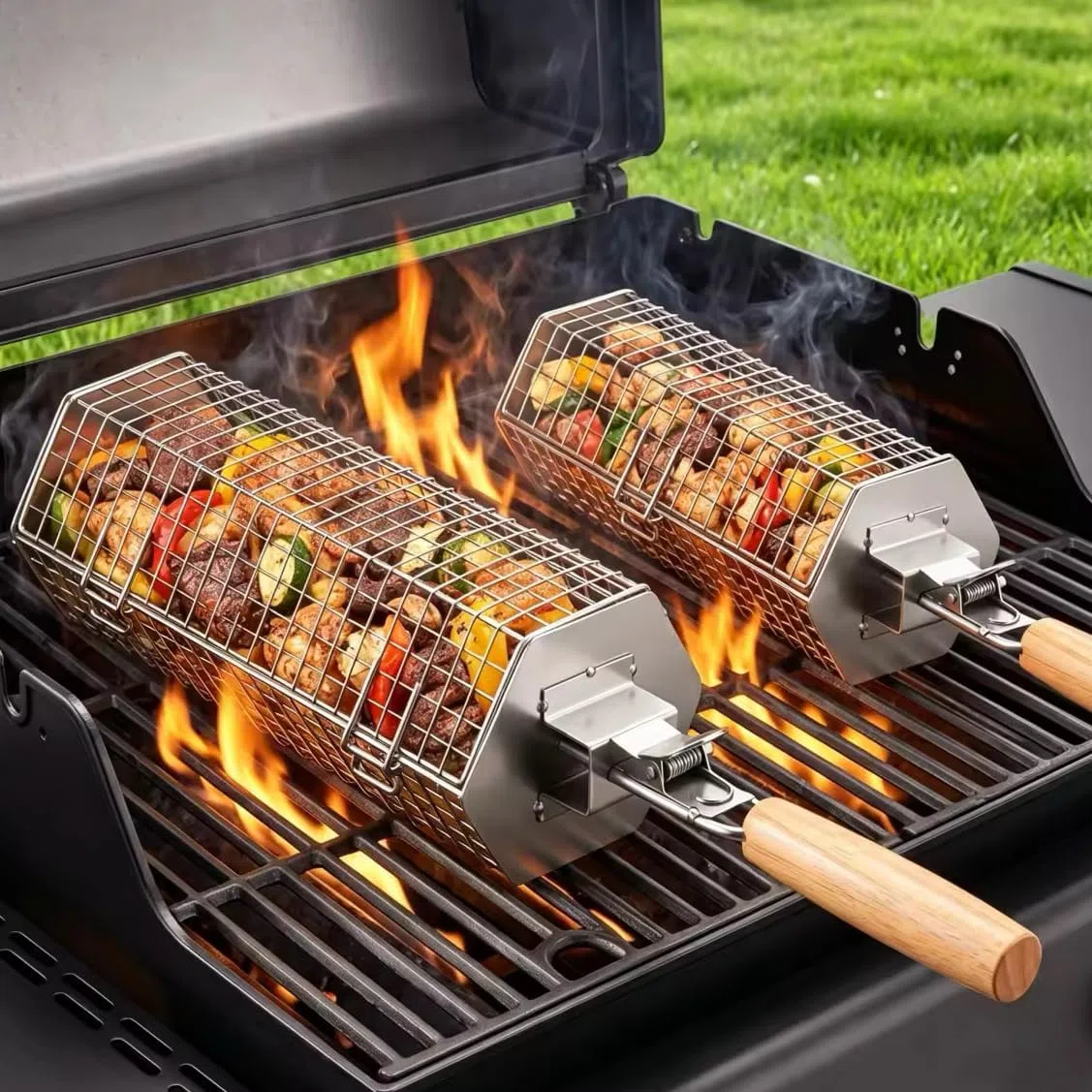 Panier à Barbecue Roulant, Design Hexagonale à Ouverture Rapide, Poignée Détachable, Acier Inoxydable 304, Gigogne, Accessoires Grille à Legumes, Ustensiles Grill de Cuisine Exterieur Camping