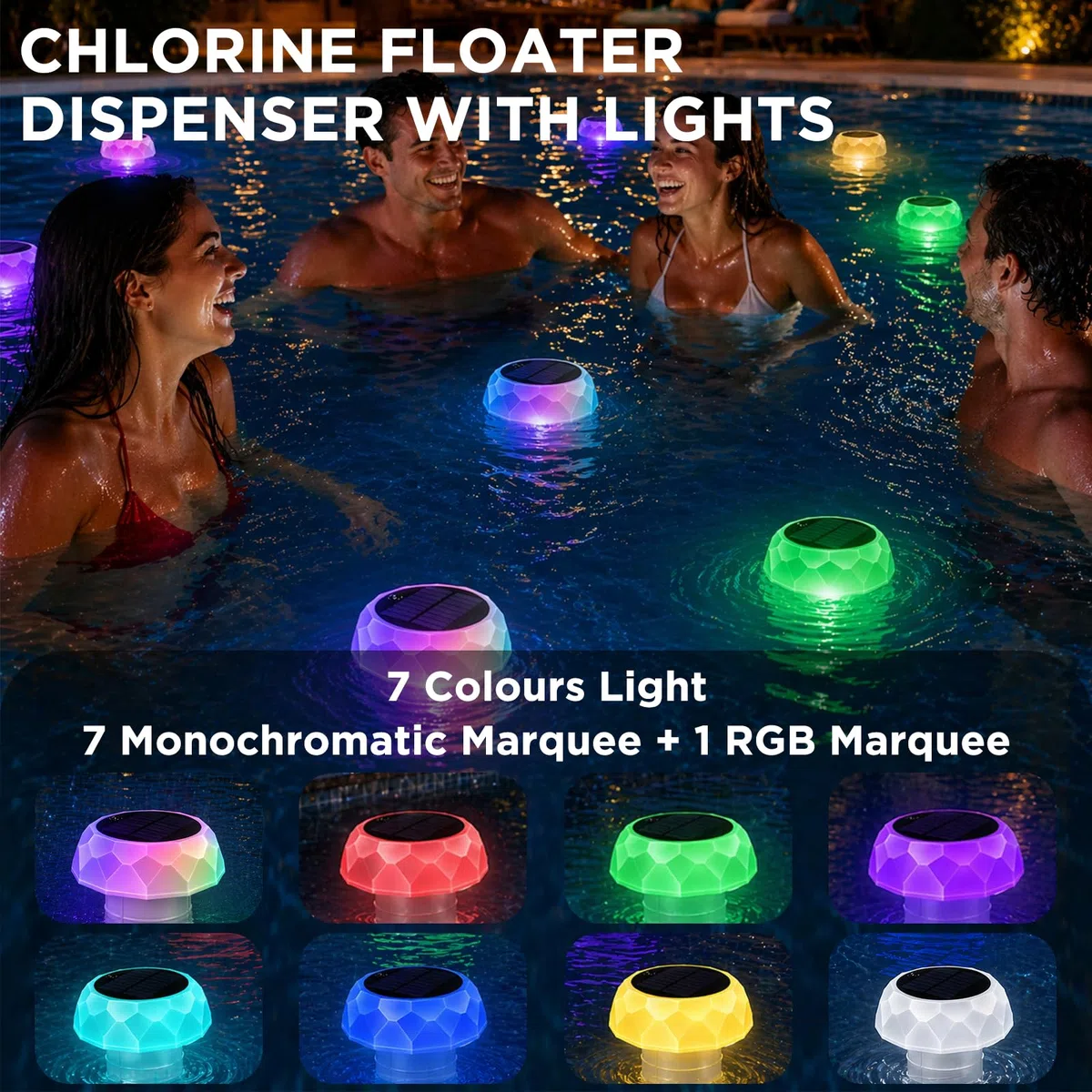 Éclairage Solaire Flottant pour Piscine avec Distributeur de Chlore, IP68 étanche, 7 Modes Lumineux, télécommande, minuterie. Lampe Flottante pour Bassin, Spa, Bain à remous, fête