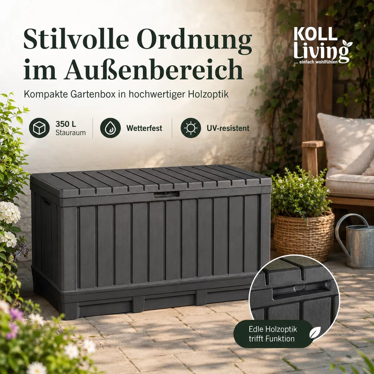 Koll Living Boîte de rangement de 350 l Anthracite – Boîte de rangement compacte avec beaucoup d'espace pour coussins, outils de jardin ou jouets pour enfants – Maintient le contenu au sec