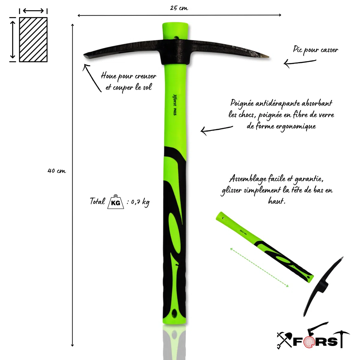 Xforst X-PF40N Pioche de Jardin 40cm – Mini Pioche à Manche en Fibre de Verre & Tête en Acier Forgé Carbone – Outil de Jardinage, Désherbage & Camping