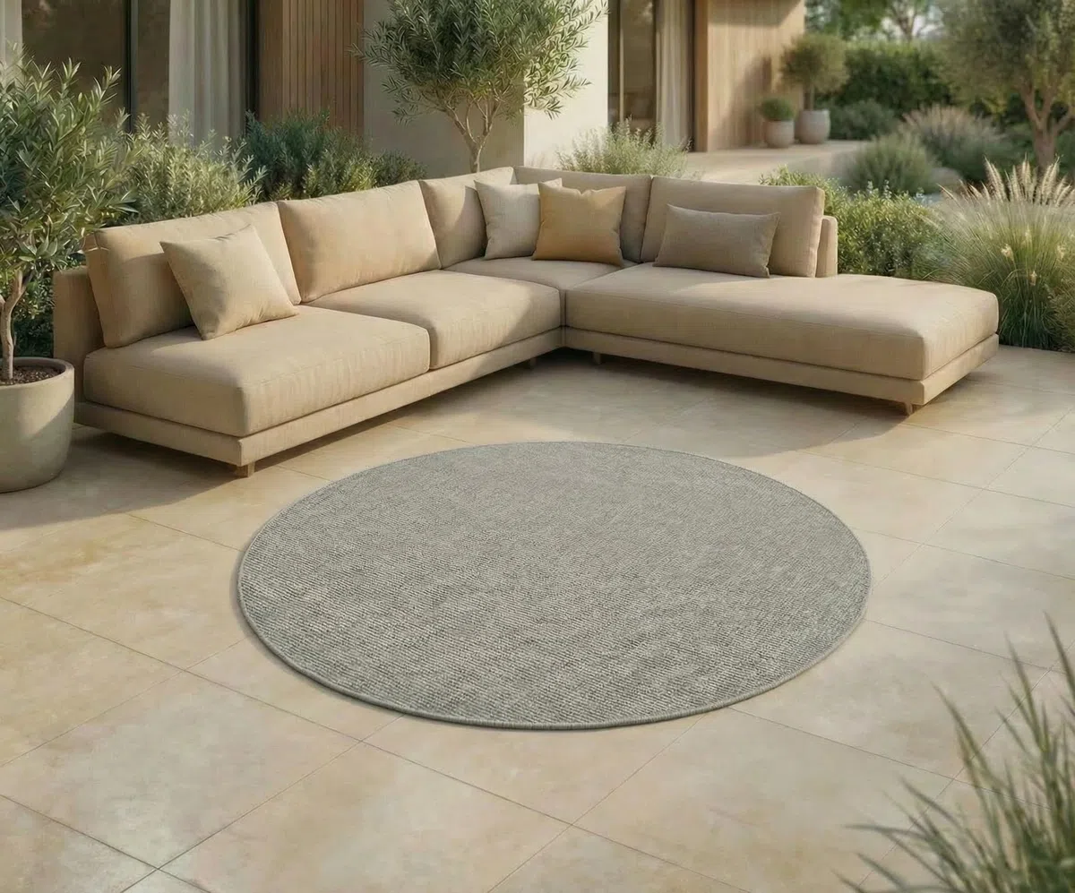 Jimri Tapis d'intérieur et d'extérieur – Tapis résistant aux intempéries pour Balcon, terrasse, Jardin, Cuisine - résistant aux Rayons UV et à l'eau - 120 cm Rond, Argenté
