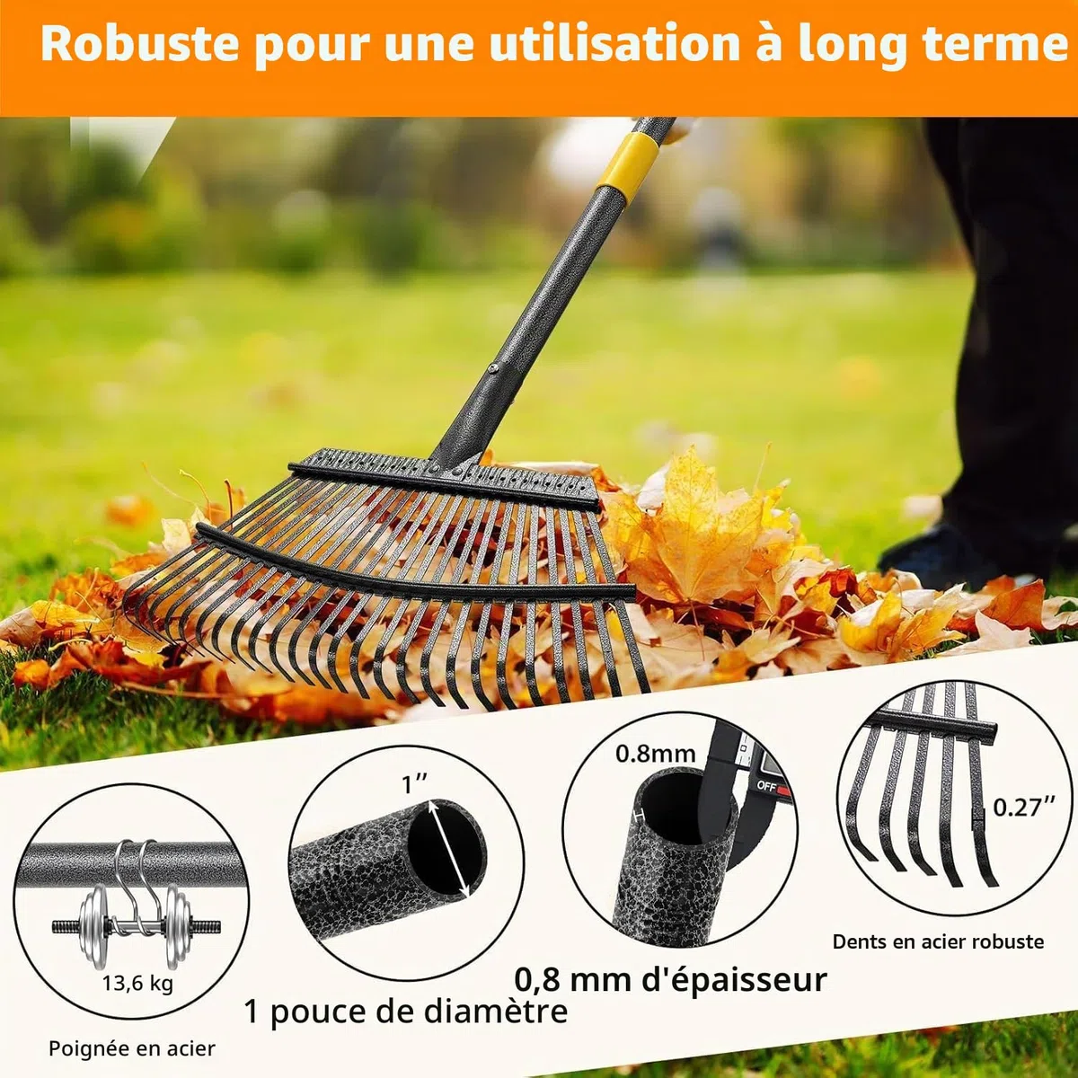 FLY HAWK Râteau à Feuilles, 165cm Râteau de Jardin avec Manche Réglable et 25 Dents Renforcées, 45cm Grande Surface Râteau de Jardin pour Nettoyer Plantes, Pelouse et Cour