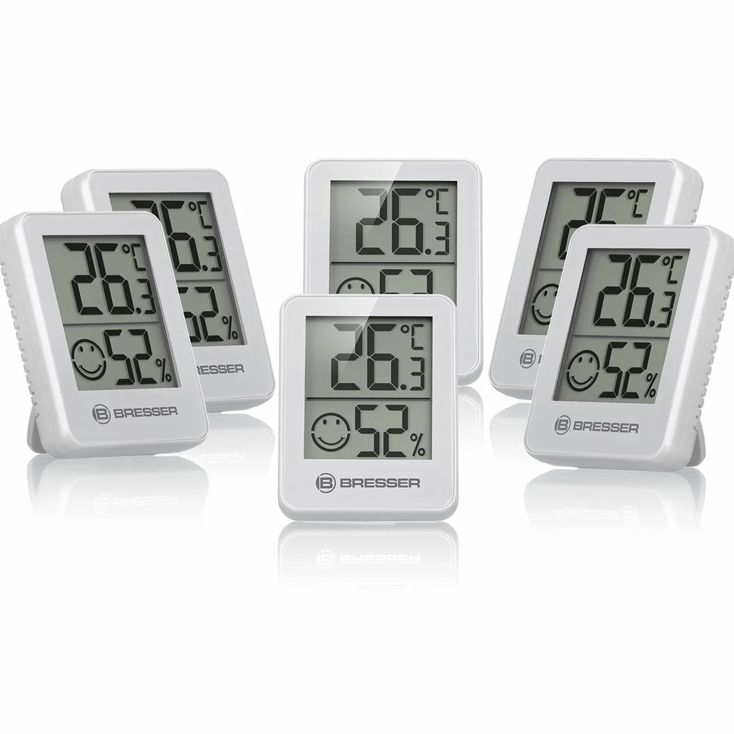 BRESSER Temeo Hygro Lot de 6 Indicateurs Thermo-hygrométriques À Poser Debout Ou À Monter Au Mur, avec Indicateur De Climat De Pièce, Blanc