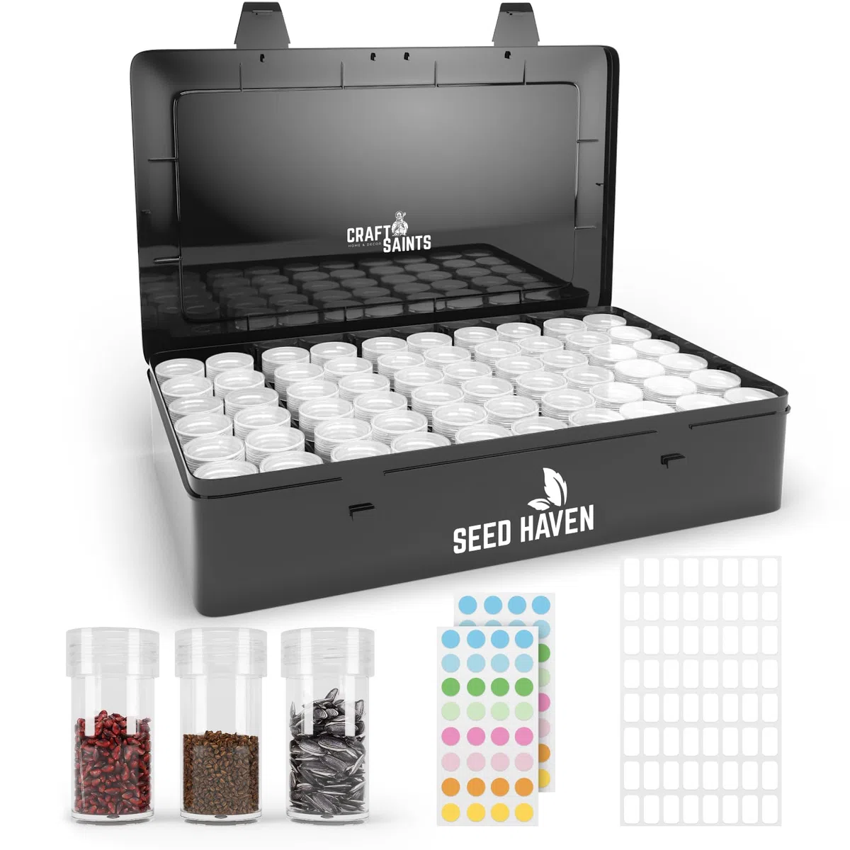 Boîte de rangement de semences, opaque, légère, sûre, avec 60 bouteilles transparentes et étiquettes, organisateur de semences, boîte de rangement de semences, organisateur de graines, boîte de