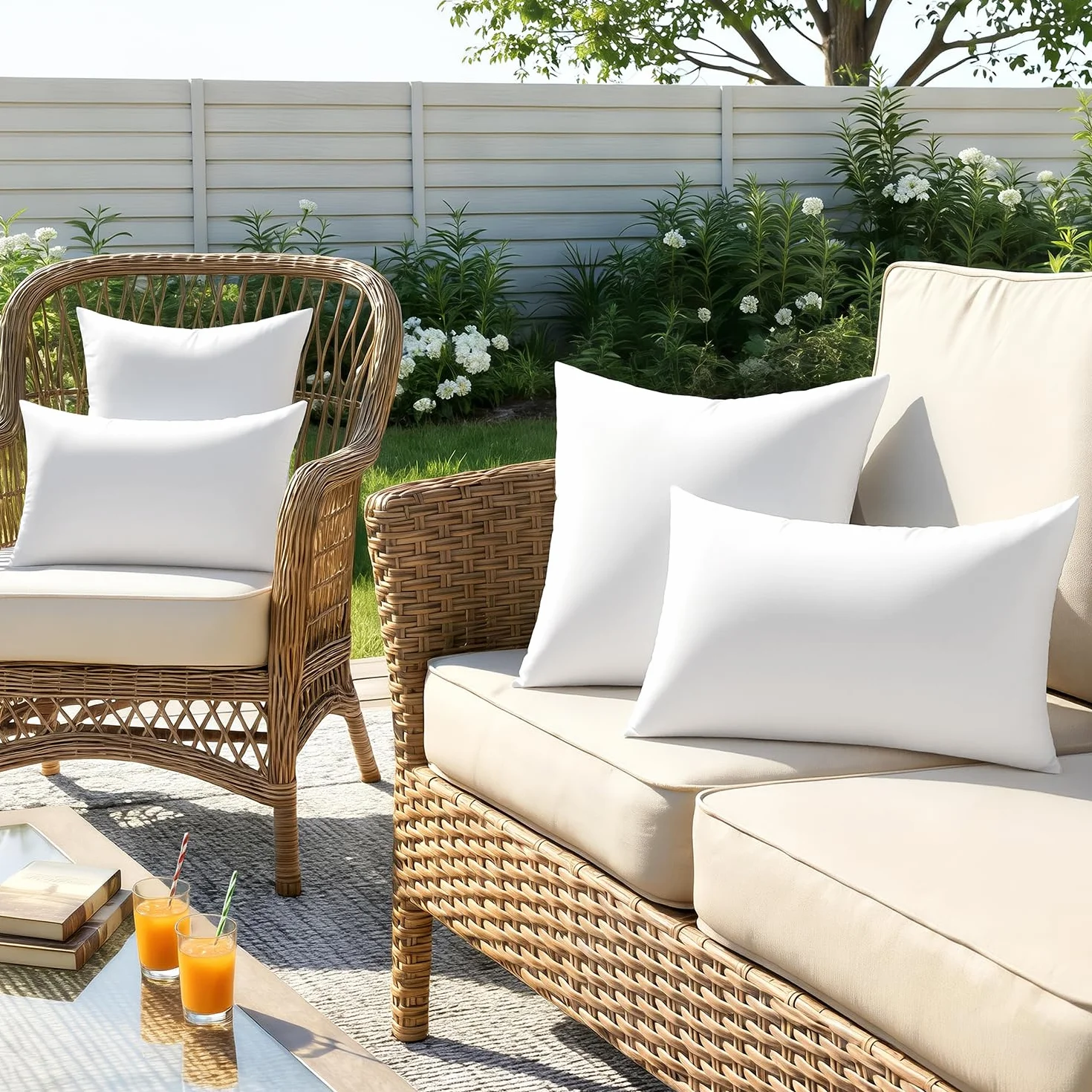 Woaboy Lot de 2 coussins d'extérieur imperméables - Résistants aux intempéries - 40 x 40 cm - Rembourrage intérieur - Coussin intérieur en plumes - Coussin décoratif - Pour jardin, canapé, salon