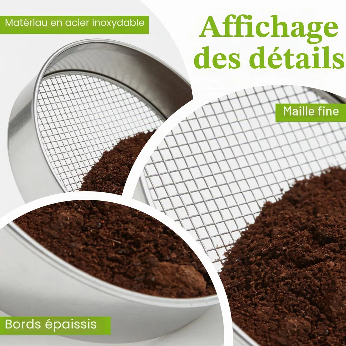 Tamis De Jardin En Acier Inoxydable, 5 En1 Tamis Jardin, Tamis À Compost Rond En Métal, Rond 20 Cm, Avec Pelle Et Gants Avec 5 Tamis Interchangeables Ø 3,6,9,10,12 Mm Pour Terre, Compost, Semences