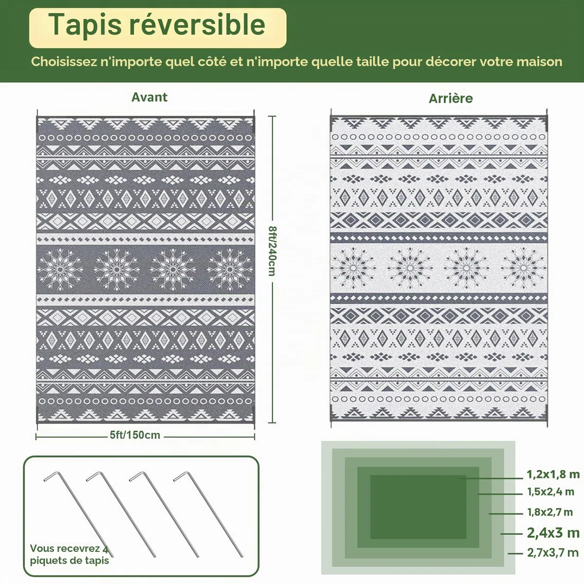 MOKANI Grand tapis d'extérieur et d'extérieur imperméable, réversible, en plastique, léger, pliable, résistant aux UV, pour camping-car, balcon, plage, terrasse - 150 x 240 cm