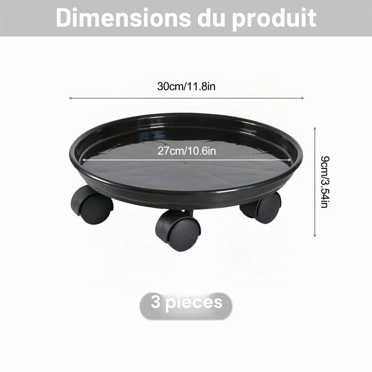 3 Pièces Chariot Roulant pour Plantes Rond Sous-Pot avec Roulettes Universelles Support pour Plantes Chariot Mobile pour Intérieur et Extérieur Capacité de Charge 50 kg 30 cm Noir