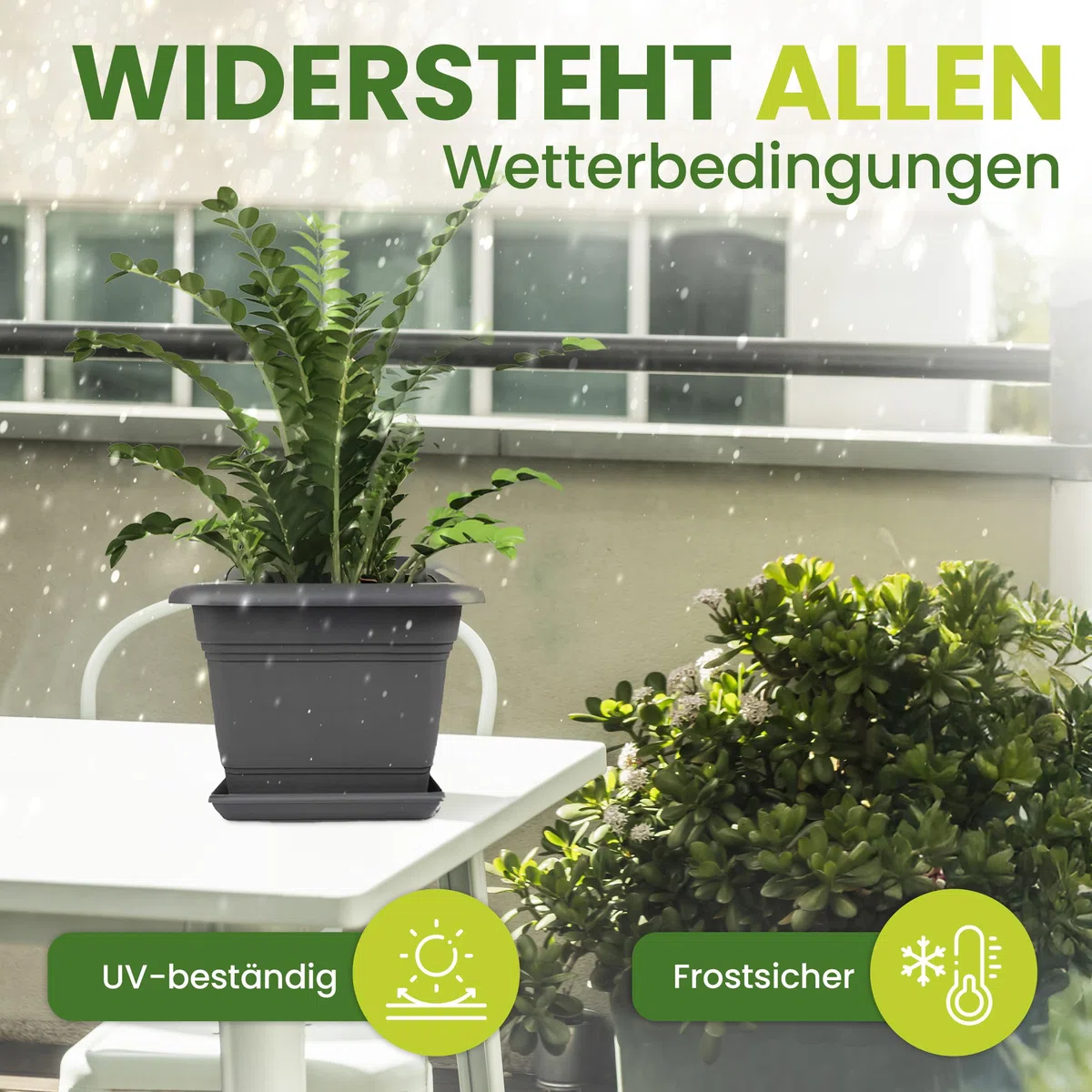 SUSTANIA Lot de 4 pots de fleurs - Grand format - Avec soucoupe - 28 x 28 cm - Carré - 16 l - Grand pot à plantes extérieur - Fabriqué en Allemagne - Anthracite