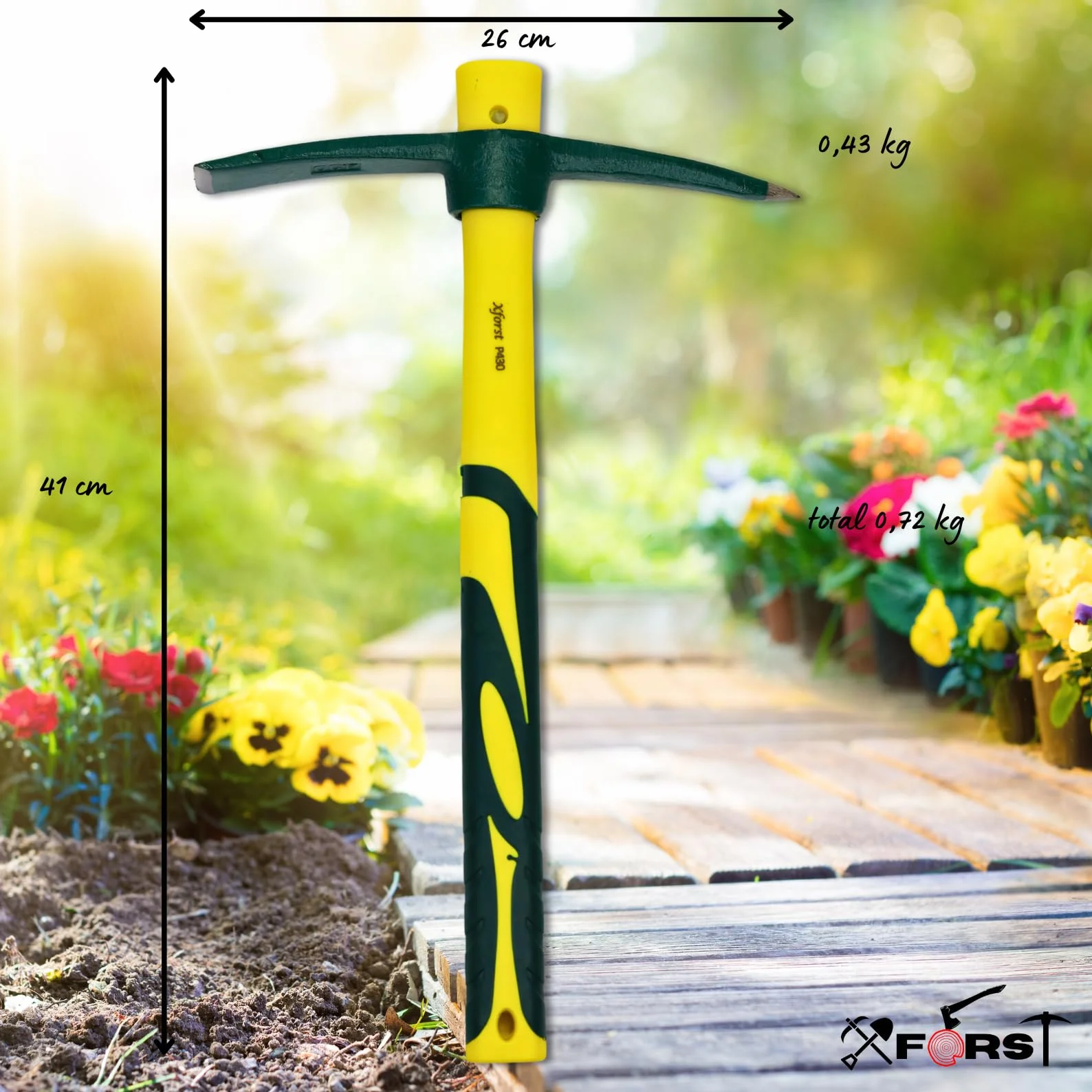 Xforst X-PF430 Pioche de Jardin. pour ameublir Le Sol, Le Jardinage ou la Prospection. avec poignée en Fibre de Verre légère et Solide et tête Robuste en Acier forgé à Haute teneur de Carbone.