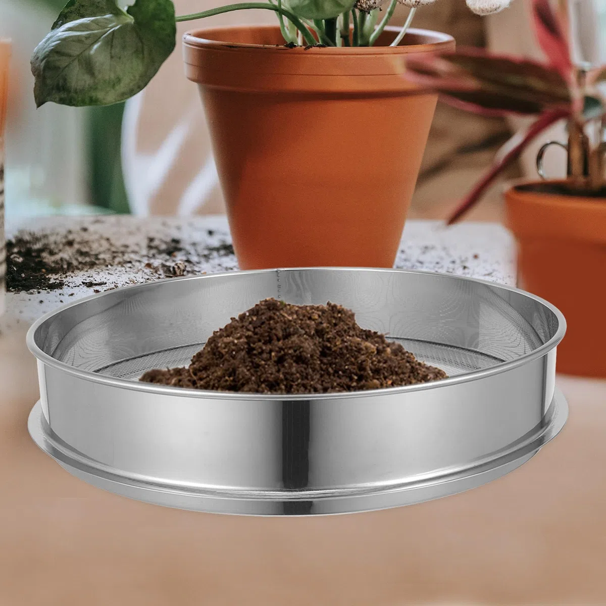 Tamis de Jardin en Acier Inoxydable 30cm, Filtre à Terreau Rond Maille 4mm 6 Trous, Passerelle Gravier Compost Sable Outil Tamisage pour Terre Cailloux Semis Plante