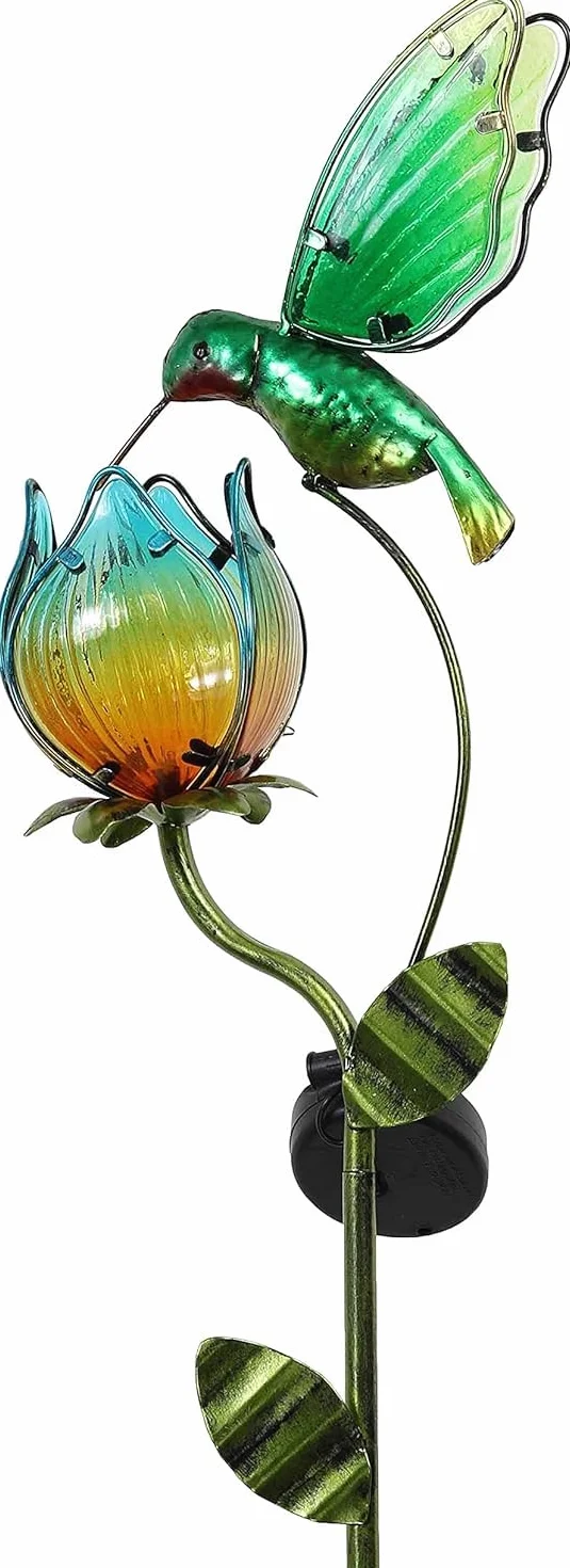 TERESA'S COLLECTIONS Lampe Solaire Exterieur Jardin,Decoration Jardin Exterieur, Lumière Solaire Colibri et Fleurs Métal Verre Solaire LED Lumière Étanche, 97cm(M)