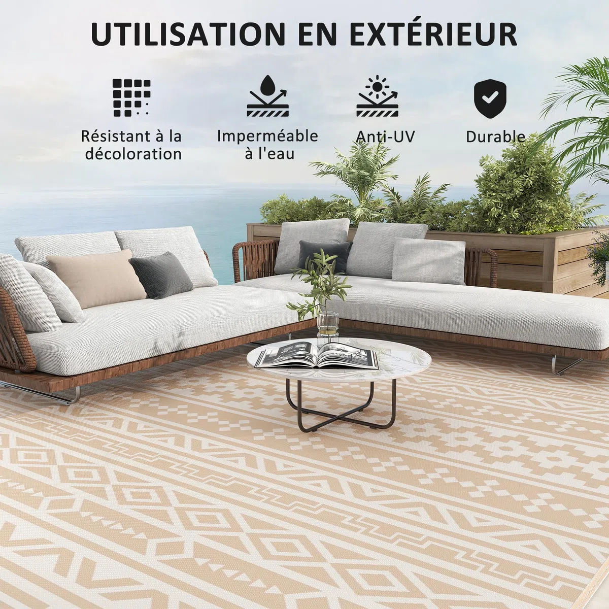 Outsunny Tapis d'extérieur réversible 3,7 x 2,7 m, Tapis de Sol au Motif Mur géométrique en PP résistant aux intempéries, Sac de Transport Inclus, Tapis extérieur terrasse, Kaki et Beige Clair