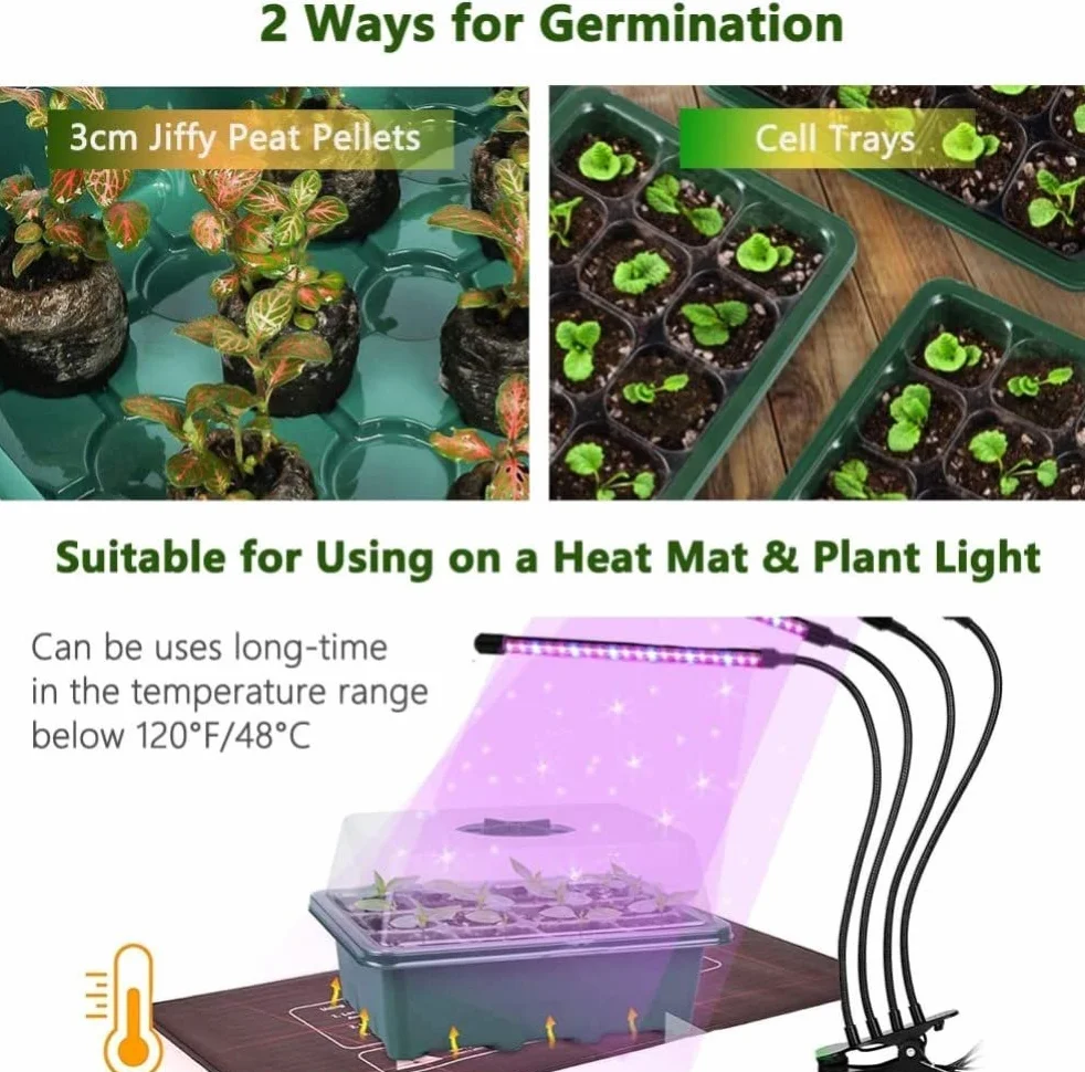 KAHEIGN 12Pcs Plateaux de Démarrage de Semences, 144 Cellules Plastique Très Résistant pour Propagation de Graines avec Dôme De Ventilation Et Socle, 20 étiquettes De Plantes, 2 Semis Outils