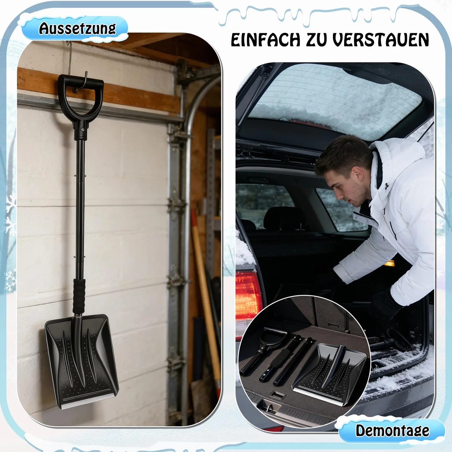 Pelle à neige en plastique avec manche en métal, pelle à neige avec 4 pièces, design amovible, légère pour voiture, trottoir et terrasse