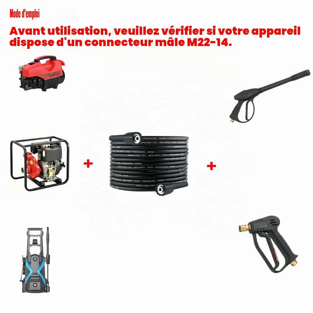 Tuyau de nettoyeur haute pression de 10 m, tuyau d'extension M22 x 14 mm, tuyau de remplacement haute pression 240 bars compatible avec Kärcher standard M22-14 connexion avec raccord fileté M22 x 1,5