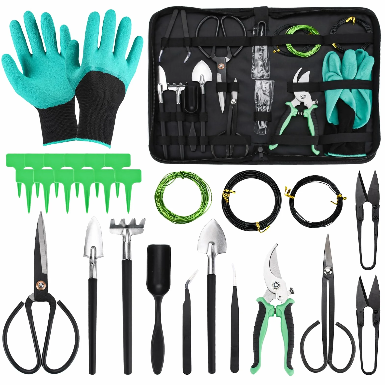 28 Pièces Kit Outils Bonsaï, Set Complet pour Débutant | Ensemble Jardinage avec Ciseaux et Garden Gants, Fil de Ligature, Mini Râteau, Pelle et Sécateurs, Accessoires de Précision