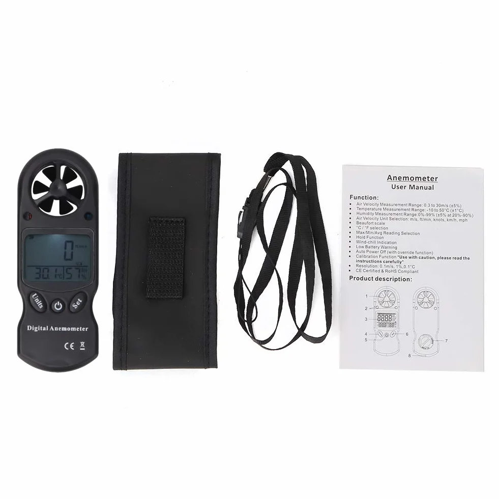 Anémomètre Portable 3-en-1, Électrique Anémomètre + Thermomètre + Hygromètre, Mini-Anémomètres Numérique Tl-300 Avec Écran Lcd, pour Les Sports de Plein Air Et Le Surf