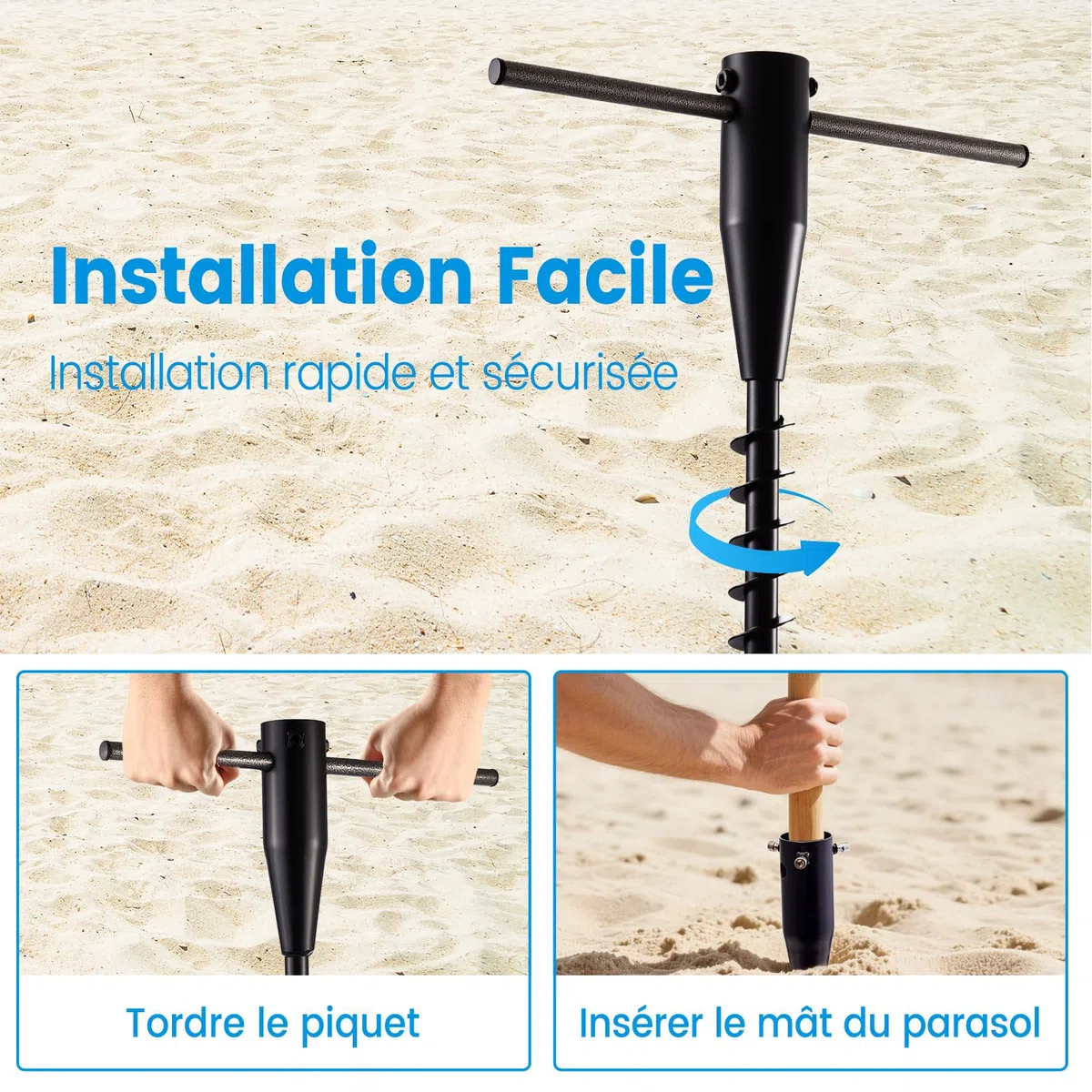 Robuste Pied Parasol et Ancrage Sechoir Parapluie, Piquet de Terre à Spirale 6 Tours pour Parasol de Plage, Jardin et Terrasse, Léger avec Boutons Réglables (2,5–5 Cm), Support Parasol Anti-vent