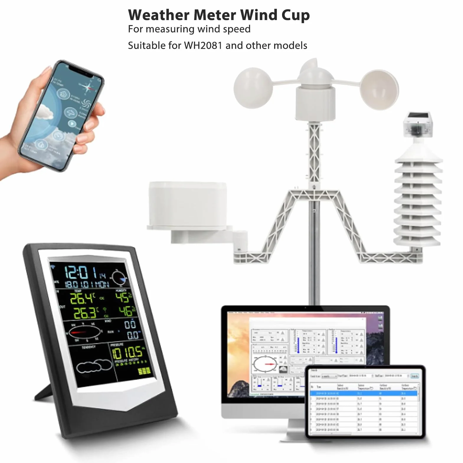 Kit de Compteur Météo, Anémomètre à Girouette, Capteur de Mesure de Vitesse, Connecteur RJ11, 3 Tasses, Jauge de Direction du Vent pour Compteur Météo