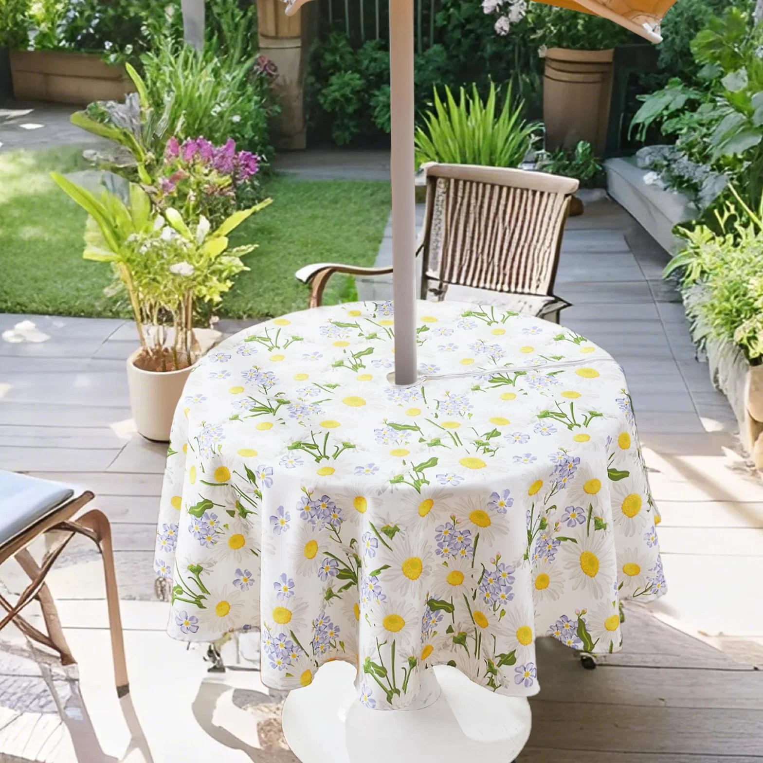 Nappe ronde d'extérieur 150 cm - Nappe essuyable avec trou de parasol et fermeture éclair, Nappes de table de jardin imperméables Housse de table étanche Nappe de table circulaire essuyable pour table
