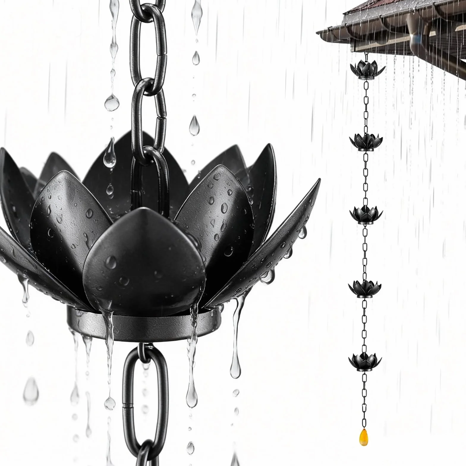 ChaîNe De Pluie, 1,2M Noire ChaîNe De Drainage des Eaux Pluviales en Fer Forme De Lotus pour L'ExtéRieur Et La DéCoration De La Maison Et du Jardin éVacuation Efficace des Eaux Pluviales