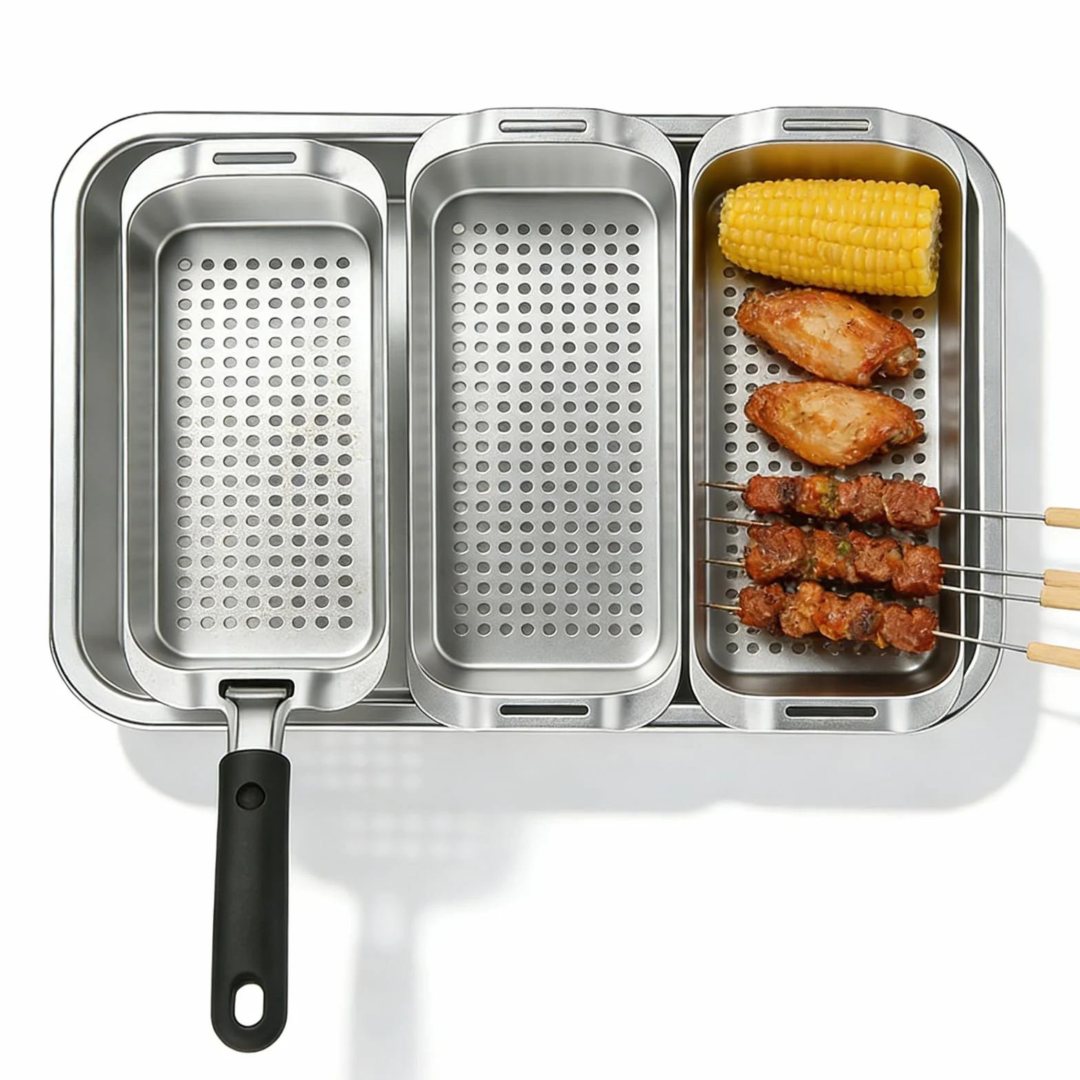 Panier à Barbecue en Acier Inoxydable Set, Panier à Légumes Barbecue avec Trous, Paniers de Grillades Avec Plateau de Service et Poignée Universelle, Accessoires BBQ Pour Poisson Viande Légumes