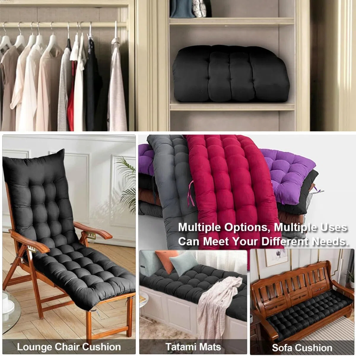 Highdi Coussin de Chaise Longue/Bain de Soleil, Coussin Transat Jardin Exterieur, Rembourré Pliable Épais & Confortable avec Bande Réglable pour Terrasse, Plage, Salon (Gris,48x170cm)