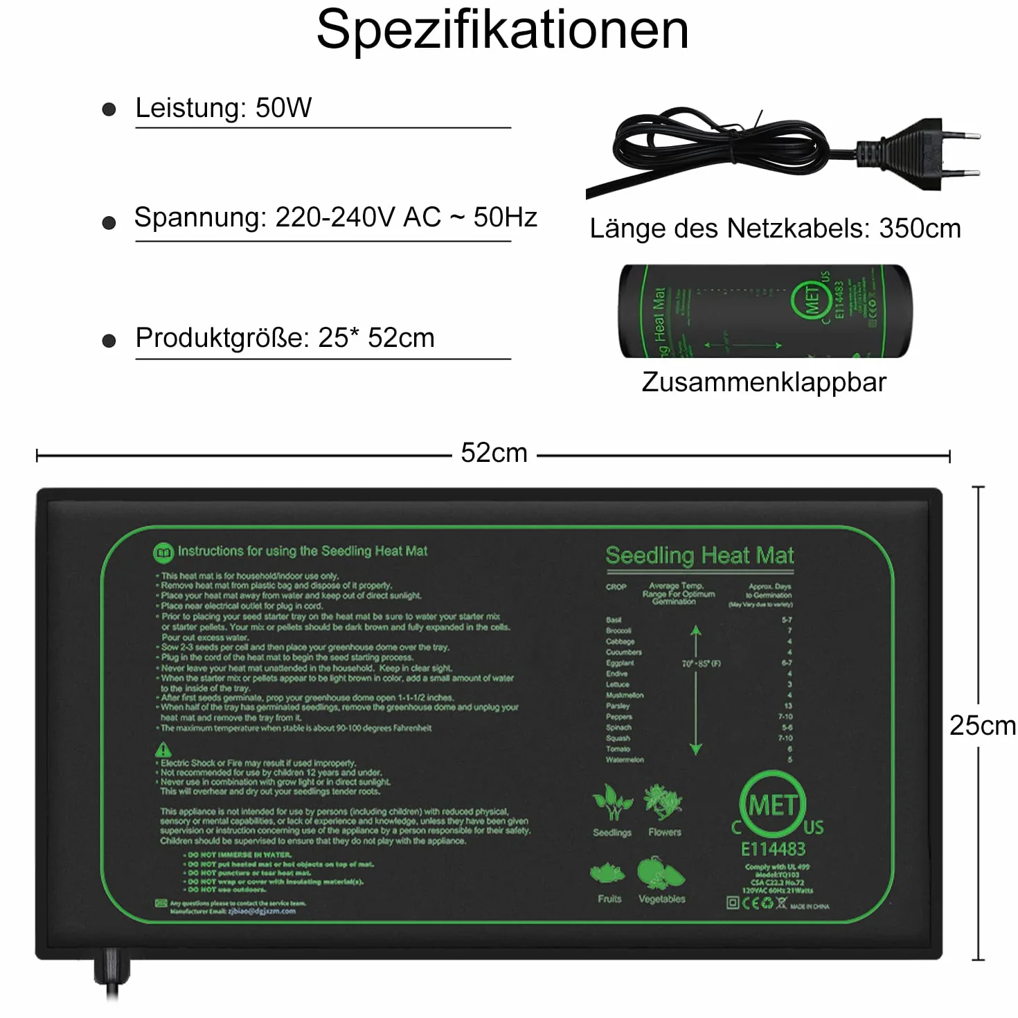 iZELL Tapis chauffant pour plantes avec thermostat pour semis, animaux domestiques et reptiles,Tapis chauffant de 50 W pour la germination et la régulation de la température, sûr et durable,25x52 cm
