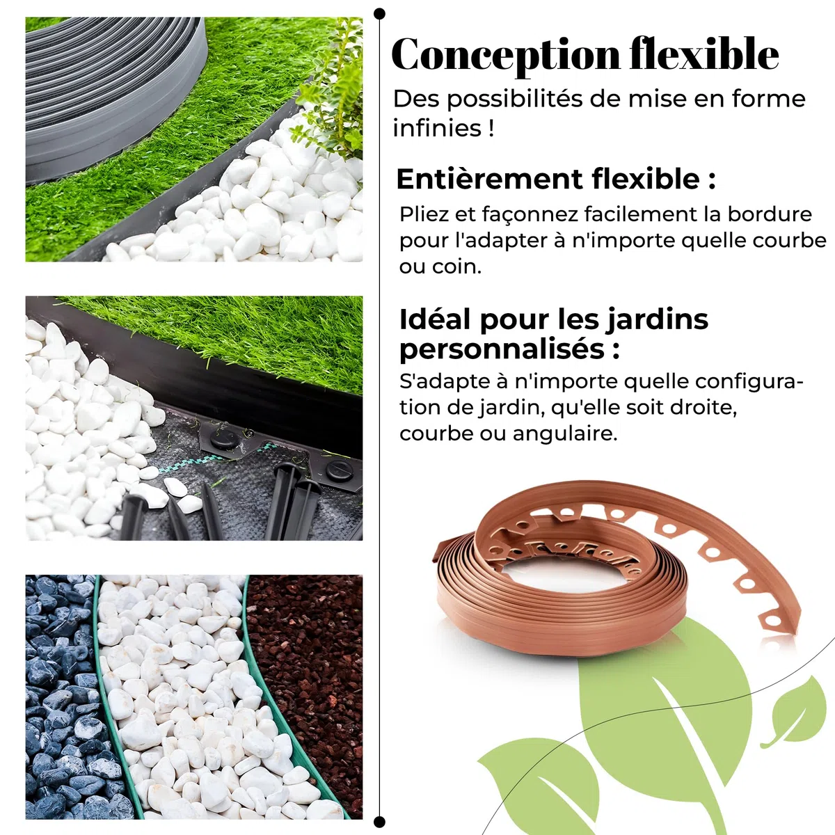 GARDENIX Bordure de pelouse en Plastique LineBORDER Flexible, 20 ancrages au Sol, Longueur 10m, Hauteur 4cm, Noir