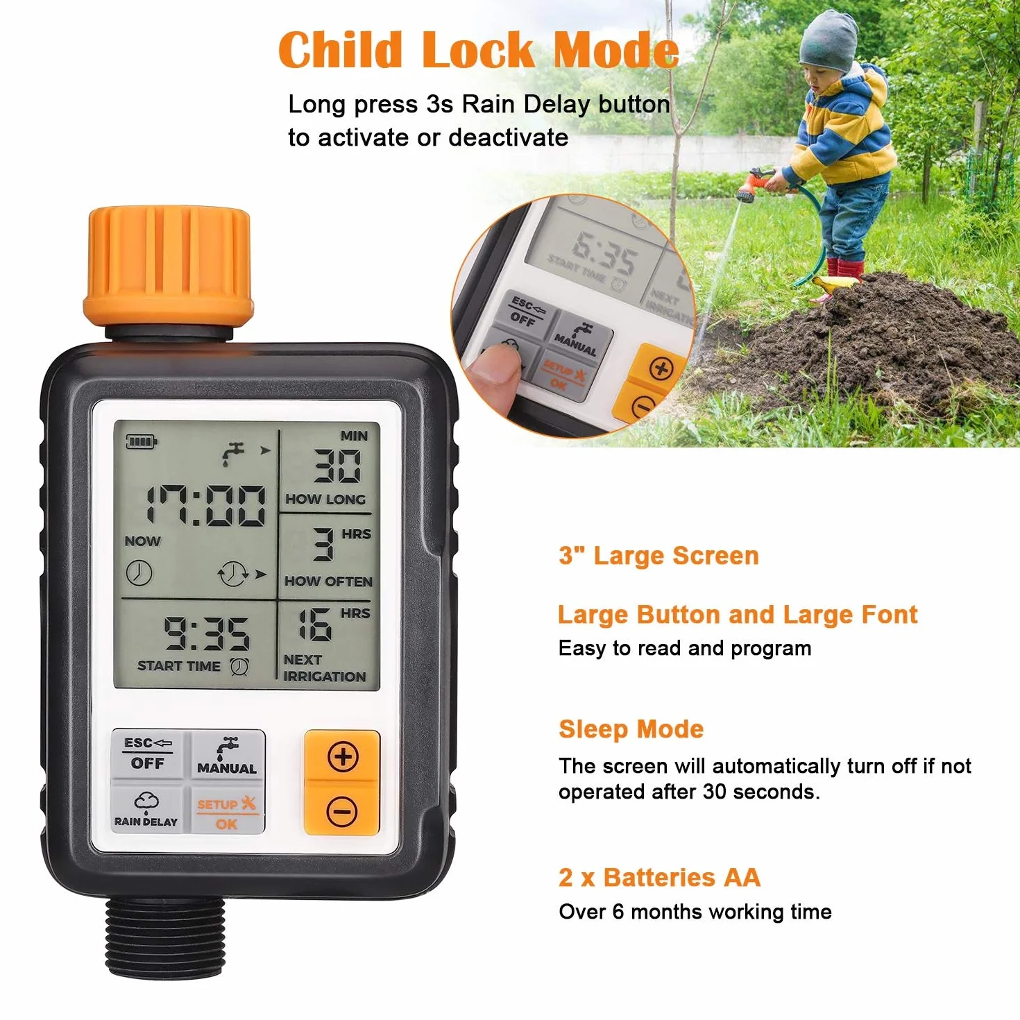 Johgee Programmateur Arrosage Automatique Minuteur Arrosage Goutte à Goutte, Imperméable et Utilisé à l'extérieur, Modes Multiples, 3" écran LCD, Irrigation pour Jardin Ferme Pelouse Fleur