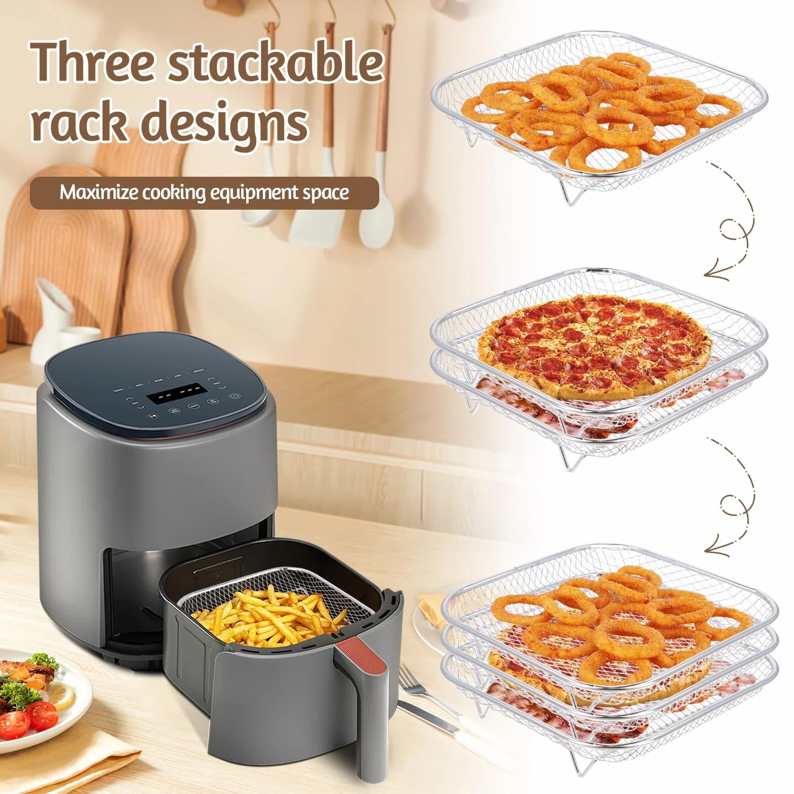 Carrée Air Fryer Rack Empilable en Acier Inoxydable, 20cm Grilles pour Friteuse, Griller Rack Air Fryer Accessoires pour Barbecue, Four, Air Fryer Déshydrateur Rack Grill Rack Air