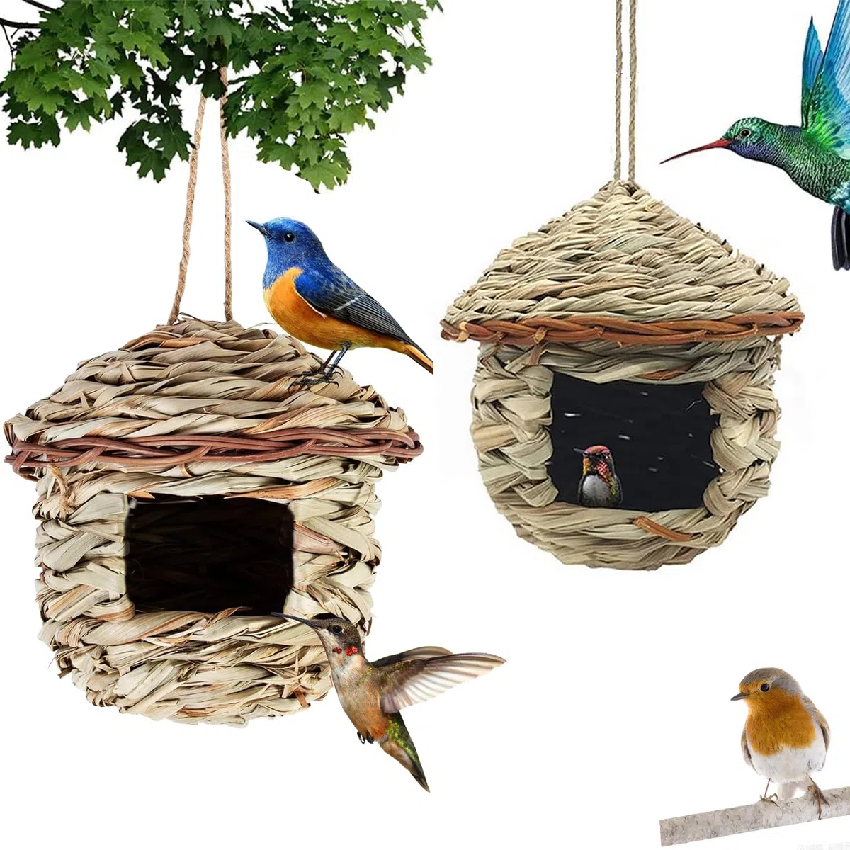 Nichoir Oiseaux Tissé à la Main, 2 Pièces Nichoirs pour Oiseaux Tissés à la Main, Nid D'Oiseau Fait À La Main, Nid Oiseau Fait à La Main pour Mésanges Charbonnières, Rouges-Gorges (Des billes, B)