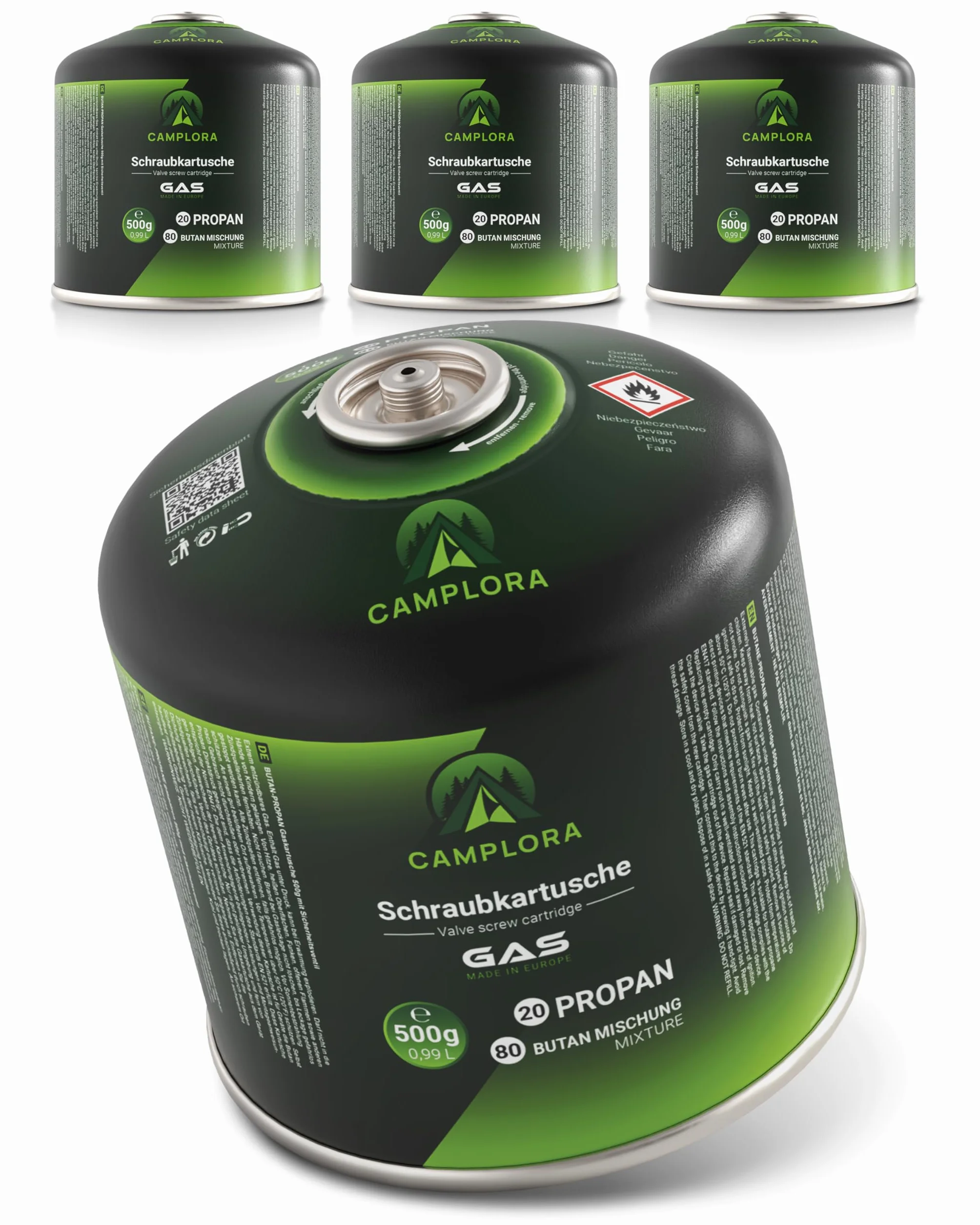 CAMPLORA Lot de 4 cartouches de gaz de 500 g avec valve à vis, propane et butane - Cartouche de gaz à visser avec filetage pour réchaud de camping et barbecue EN417 - Cartouches de gaz à visser