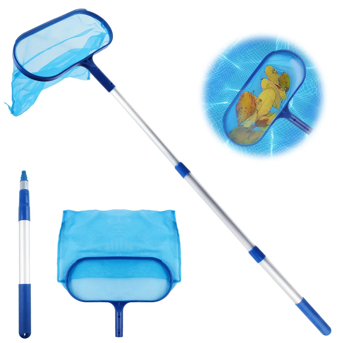 Filet de Nettoyage Piscine, Manche Piscine, Epuisette Piscine, Épuisette de Fond pour Piscine, avec Manche Télescopique, Épuisette Spa, pour Nettoyer Déchets en Fond et Surface Eau