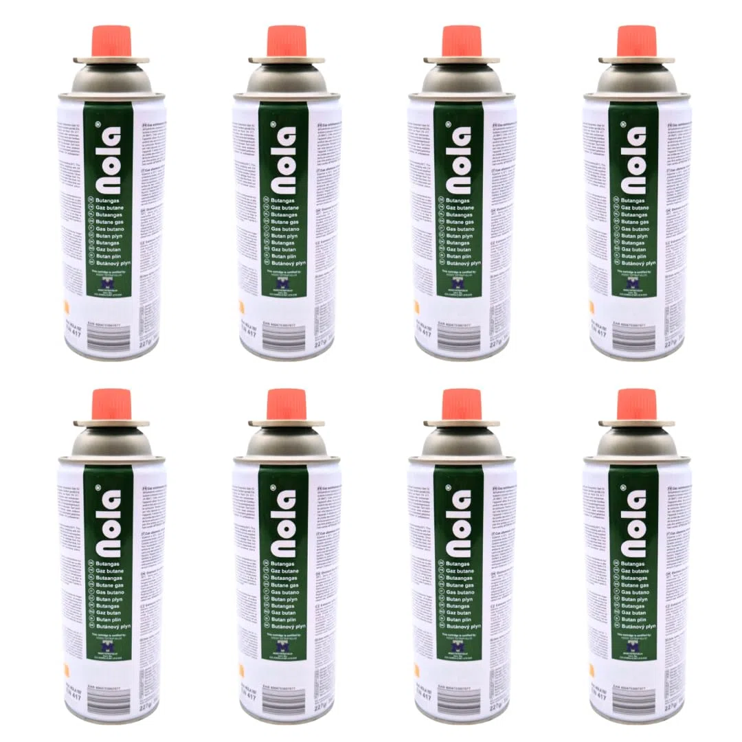 NOLA Lot de 8 cartouches de gaz butane - 227 g - Avec valve (baïonnette) - Cartouches de gaz universelles pour réchaud de camping, chauffage au gaz, désherbeur et appareils d'extérieur - Article 707