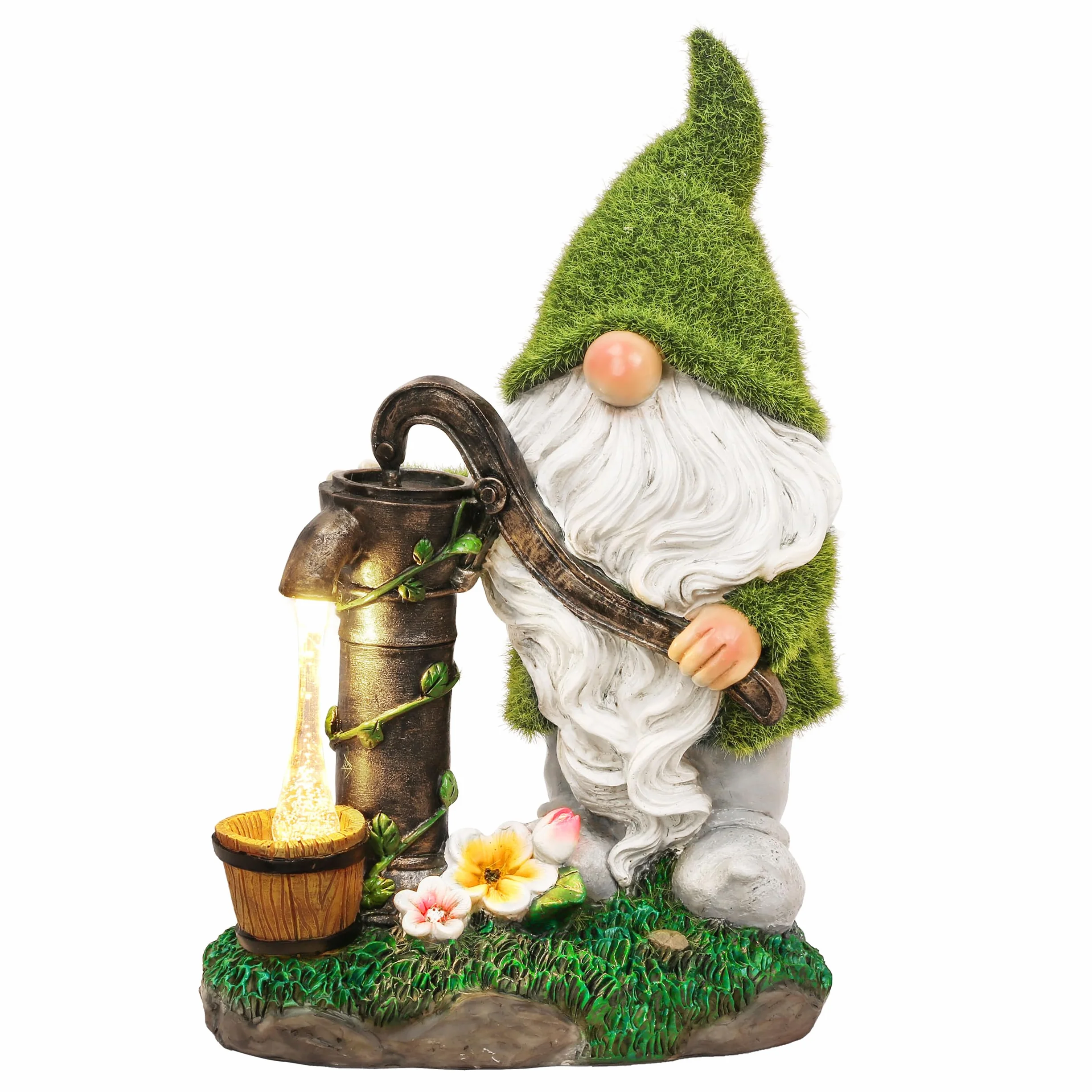 TERESA'S COLLECTIONS Décorations de Jardin Extérieur, Adorables Lutins Verts Pompant l'Eau avec Lumières Solaires, Gnomes en Résine Imperméables, Décorations de Jardin, Cadeaux, Intérieur Extérieur