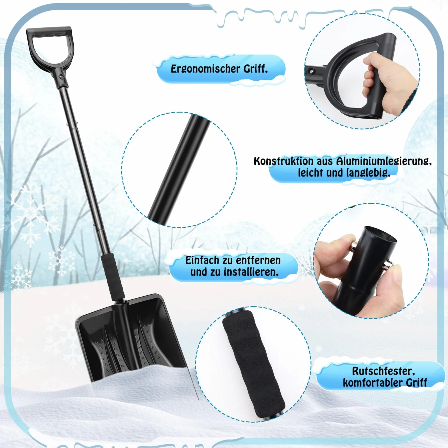 Pelle à neige en plastique avec manche en métal, pelle à neige avec 4 pièces, design amovible, légère pour voiture, trottoir et terrasse