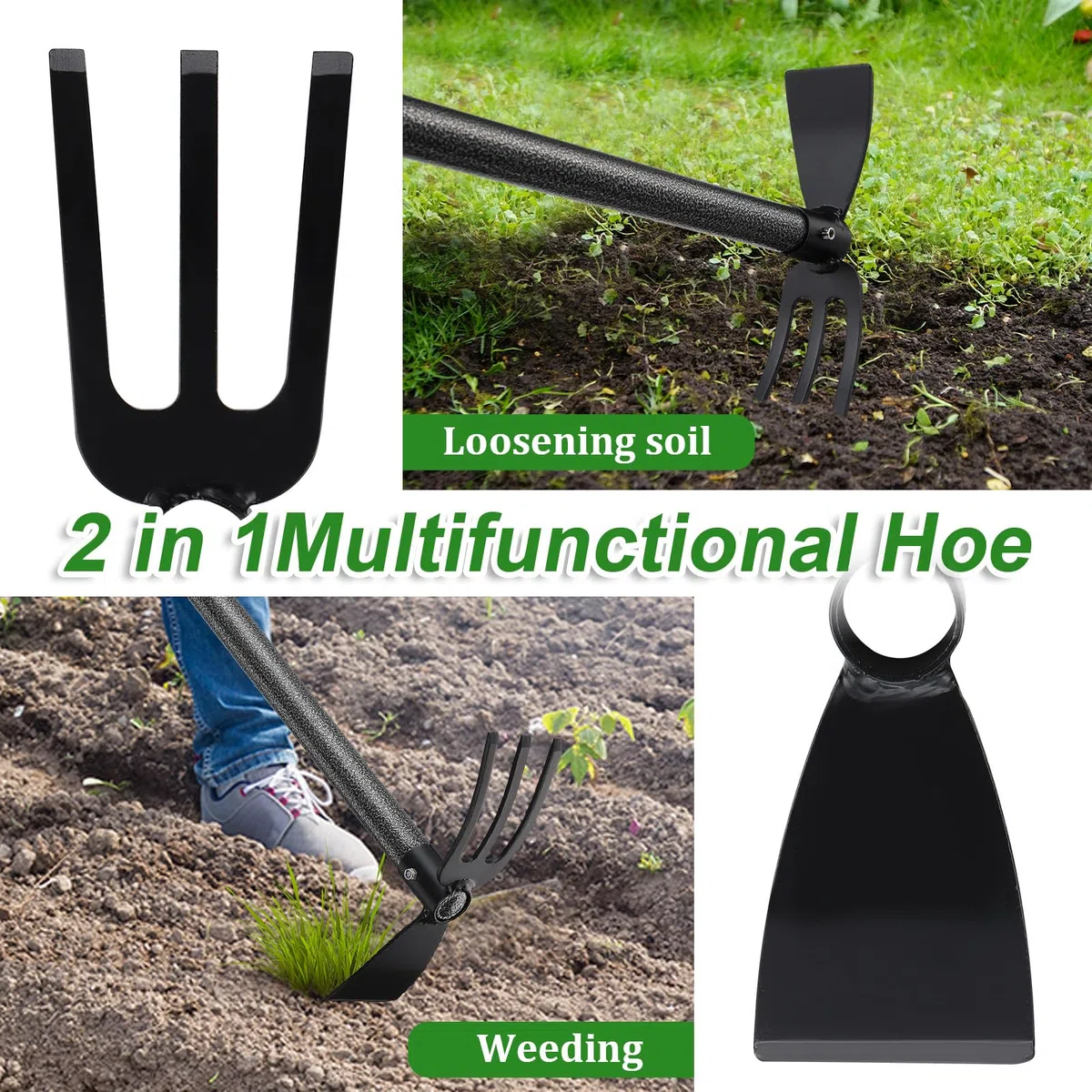 Binette de jardin avec manche - 116 cm - Double binette à 3 dents - En métal - Multifonction - Accessoire de jardin pour ameublir, aérer et désherber le sol