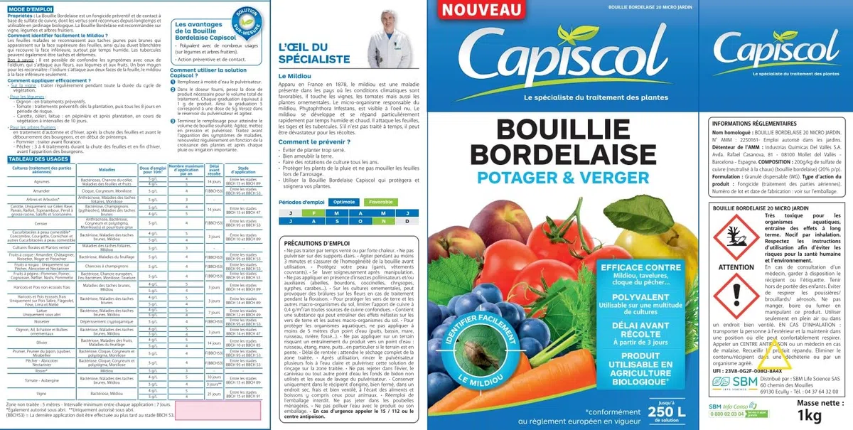 CAPISCOL Bouillie Bordelaise - Granulés - 250L de Solution - 1Kg | Fongicide Polyvalent - Préventif & Traditionnel - Mildiou, Tavelure, Cloque du Pêcher - Coloration Bleue - BB1000