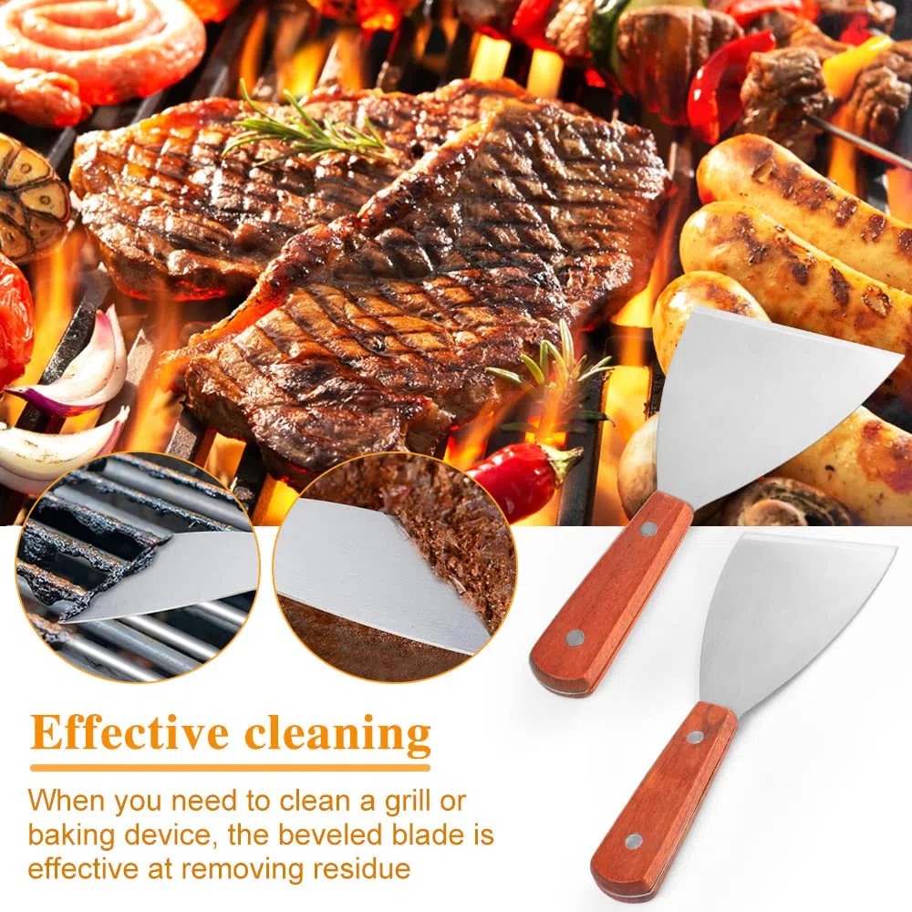 THATSRAD 2 PCS Spatule Inox Manche en Bois Spatule Barbecue Plancha Grattoir Plancha Inox Spatule Plancha Inox Teppanyaki Spatule pour Barbecue Pizza Steak 20,5*10 cm, 20,5*7,5 cm,1 mm d'Épaisseur