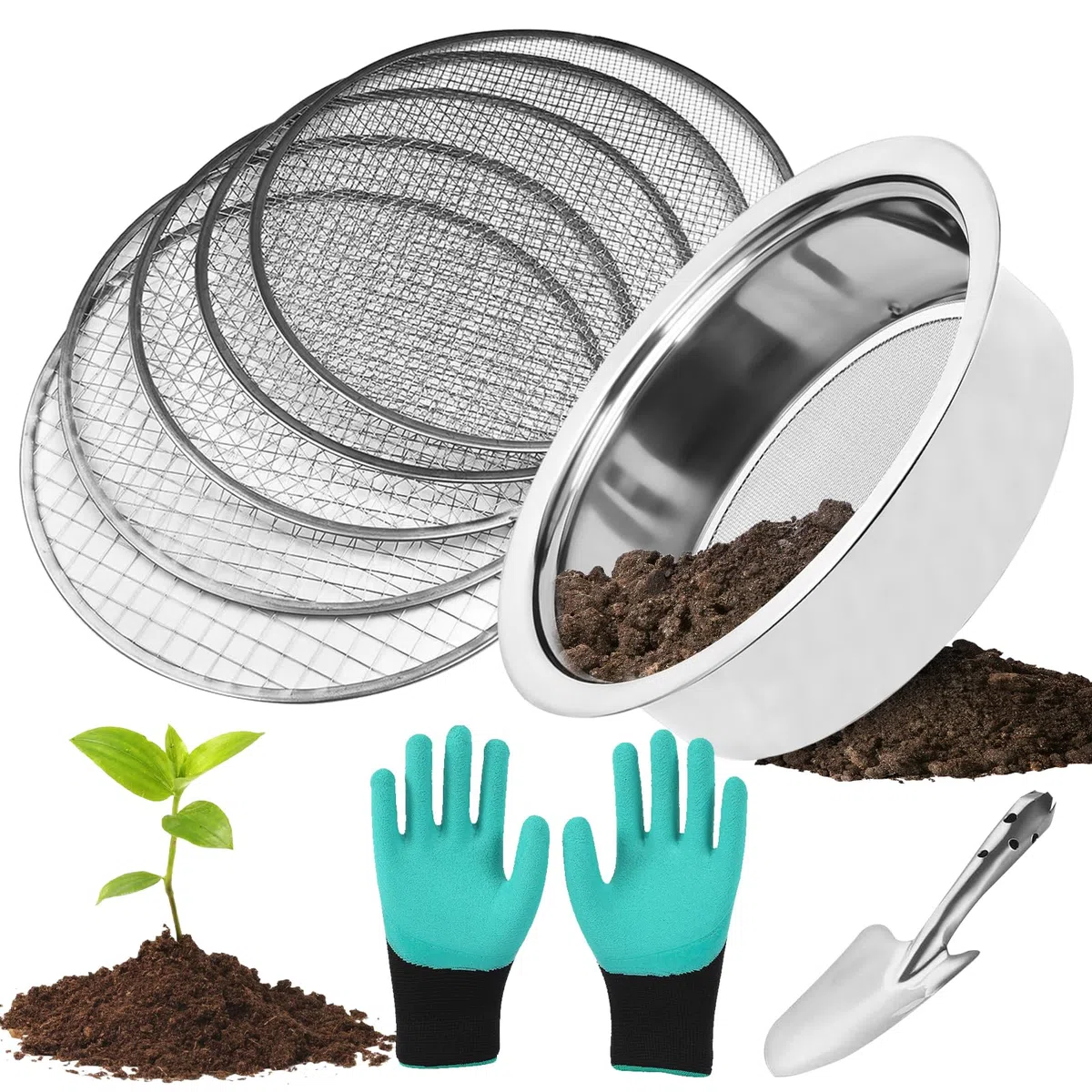 Tamis De Jardin Rond 25cm Tamis De Jardin en Acier Inoxydable, 5en1 Tamis Jardin avec 5 Tamis Interchangeables Ø 1,3,6,9,12 Mm Tamis À Compost pour Terre, Compost, Semences, Sable
