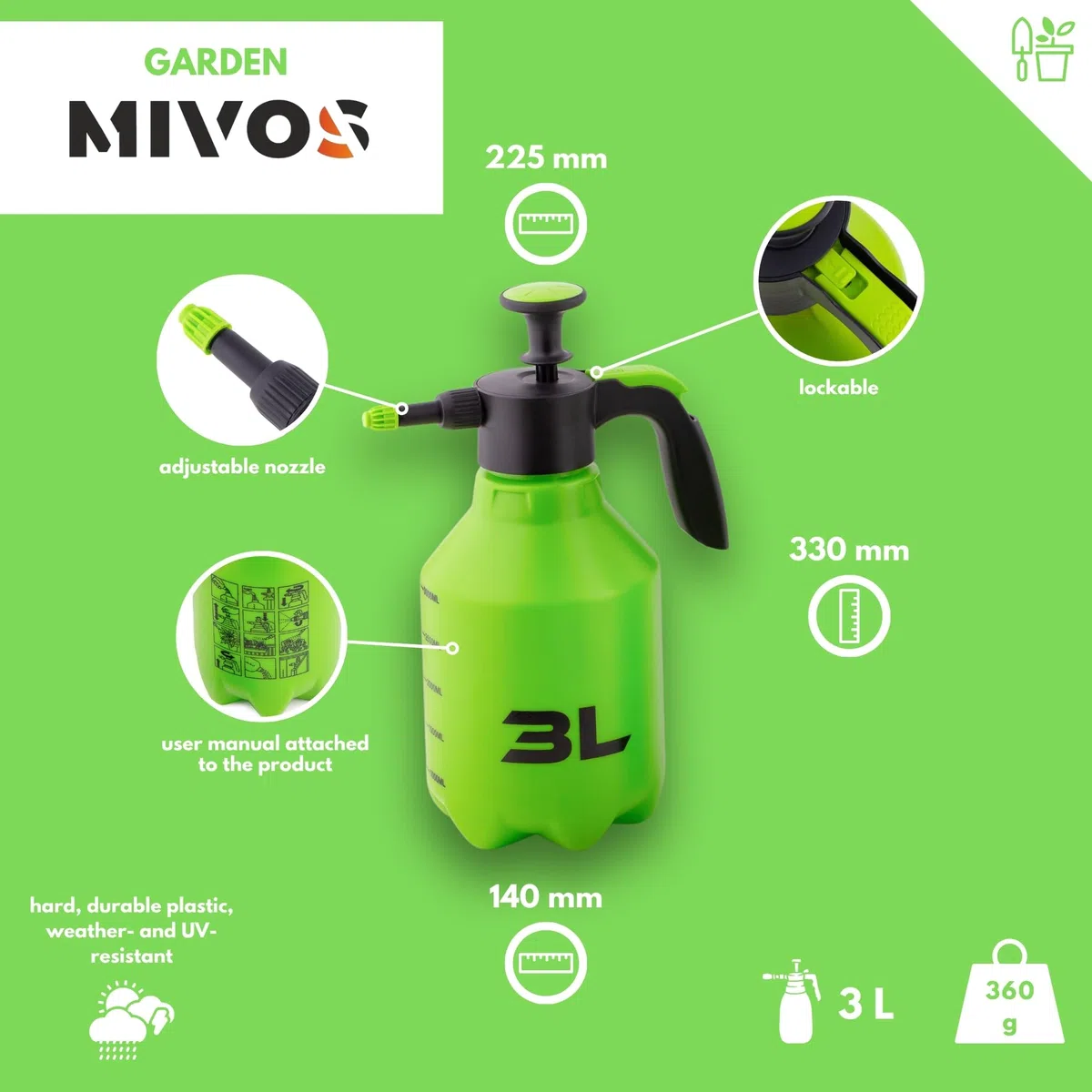MIVOS Pulvérisateur à Pression 3 litres - de Jardin Haut de Gamme, Pulvérisateur à Pompe pour Balcon, terrasse et Jardin - pour Plantes, l'entretien des Plantes, à Main