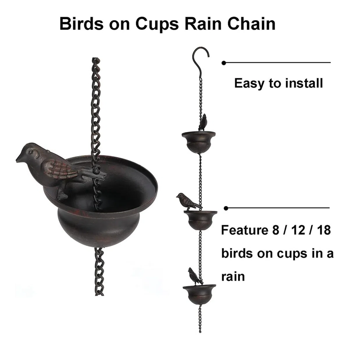 Chaînes de Pluie 1 Pièce pour Gouttières Oiseaux Mobiles sur Gobelets Carillons de Pluie avec Cintre et Oiseaux Attachés