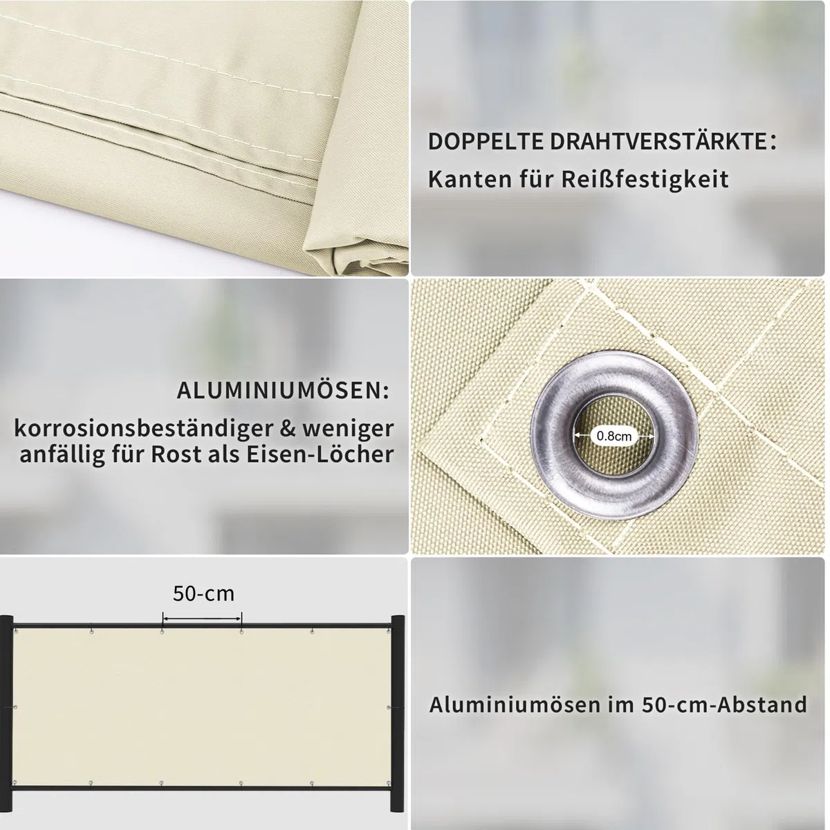Shade&Beyond Brise Vue Balcon 100x500cm Imperméable, Protection UV, Résistant au Vent, avec Trous et Serre-Câbles pour Terrasse Extérieure,Blanc cassé