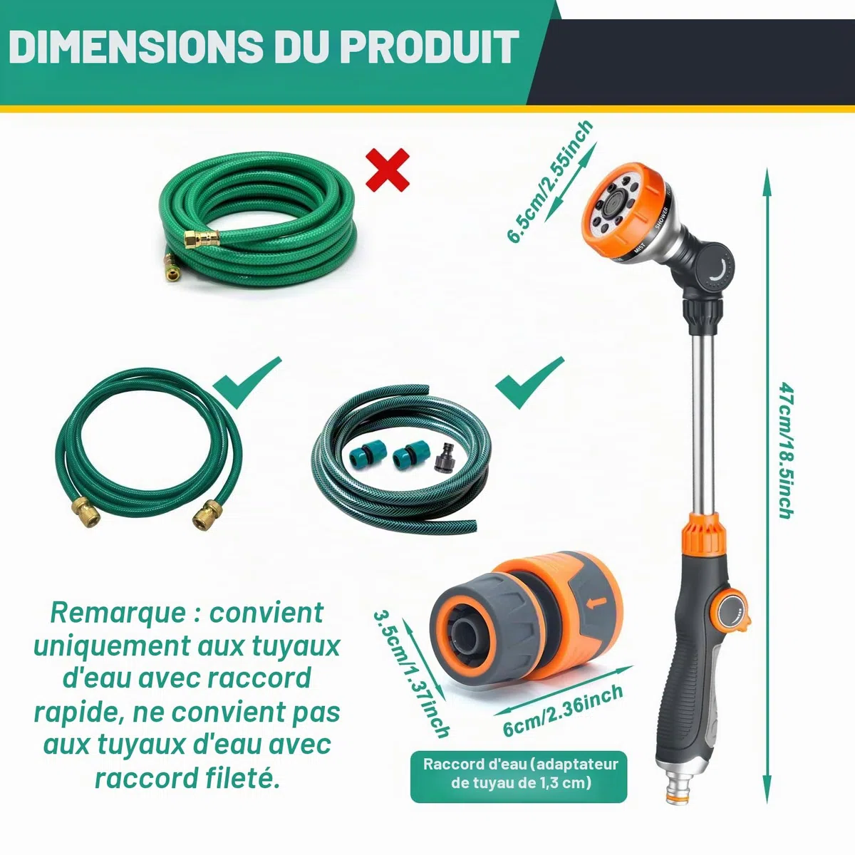 LangRay Pistolet d'arrosage de Jardin, Lance Arrosage 47cm 8 Modèles Réglable Pulvérisateur de Jardin Arrosoir avec 2 Embout Tuyau Arrosage 1/2 Pouce et 1 Buse