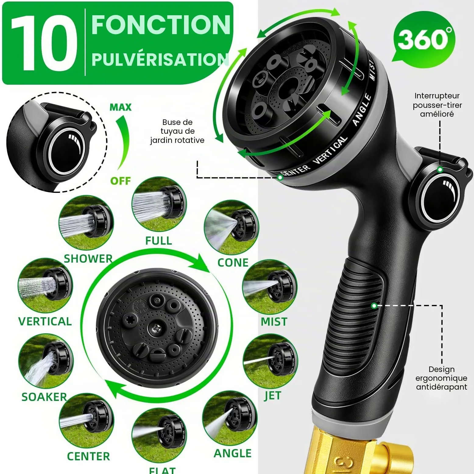 Tuyau Arrosage Extensible 15m, Tuyau d'arrosage Retractable avec 1/2" et 3/4" Adaptateur, Tuyaux d'arrosage avec 10 Modèles de Pulvérisation pour Jardin Irrigation Nettoyage Laver la Voiture